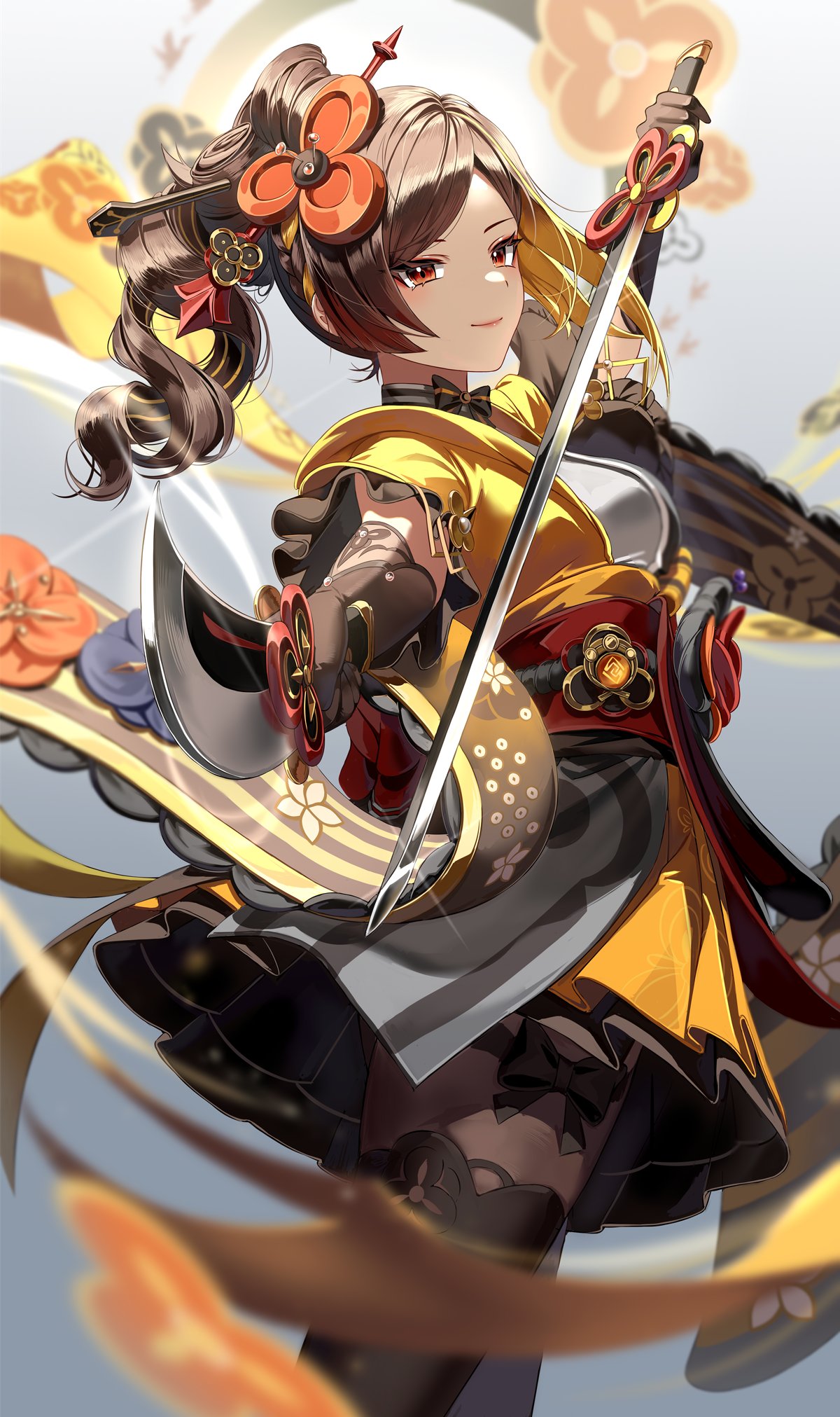 Anime 1200x2023 Genshin Impact long hair portrait display brunette Chiori (Genshin Impact) looking at viewer smiling kimono fighting stance hair ornament pantyhose katana brown gloves gray background gloves simple background sash Silence Girl brown eyes weapon Japanese clothes