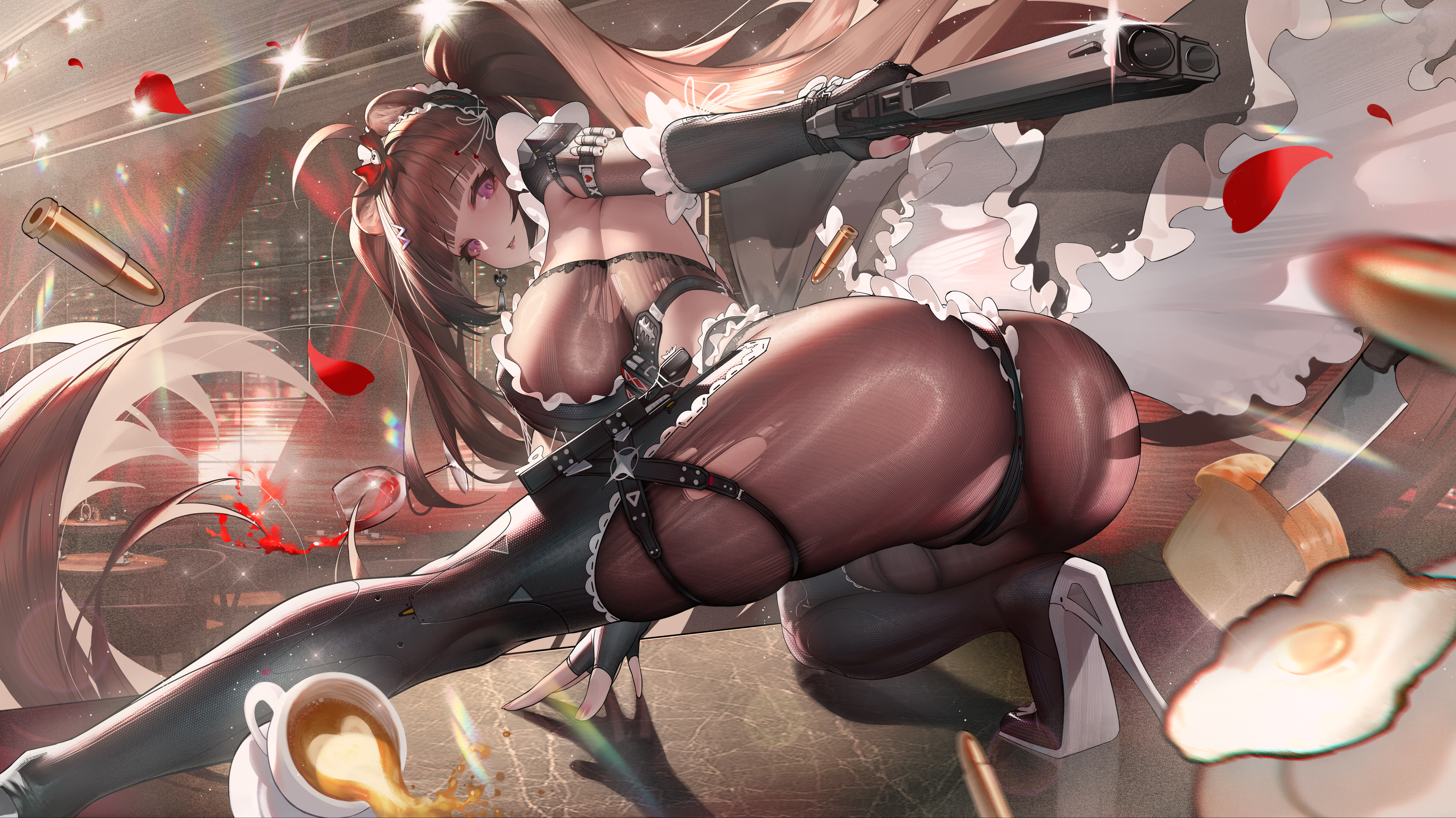 Anime 5990x3366 brunette looking back big boobs maid outfit white apron red petals girls with guns long hair looking at viewer leotard black pantyhose toasts pantyhose twintails ass torn pantyhose blunt bangs bullet Rib (artist) high heels high heeled boots maid black panties underwear black underwear panties petals food thong drink gun knife