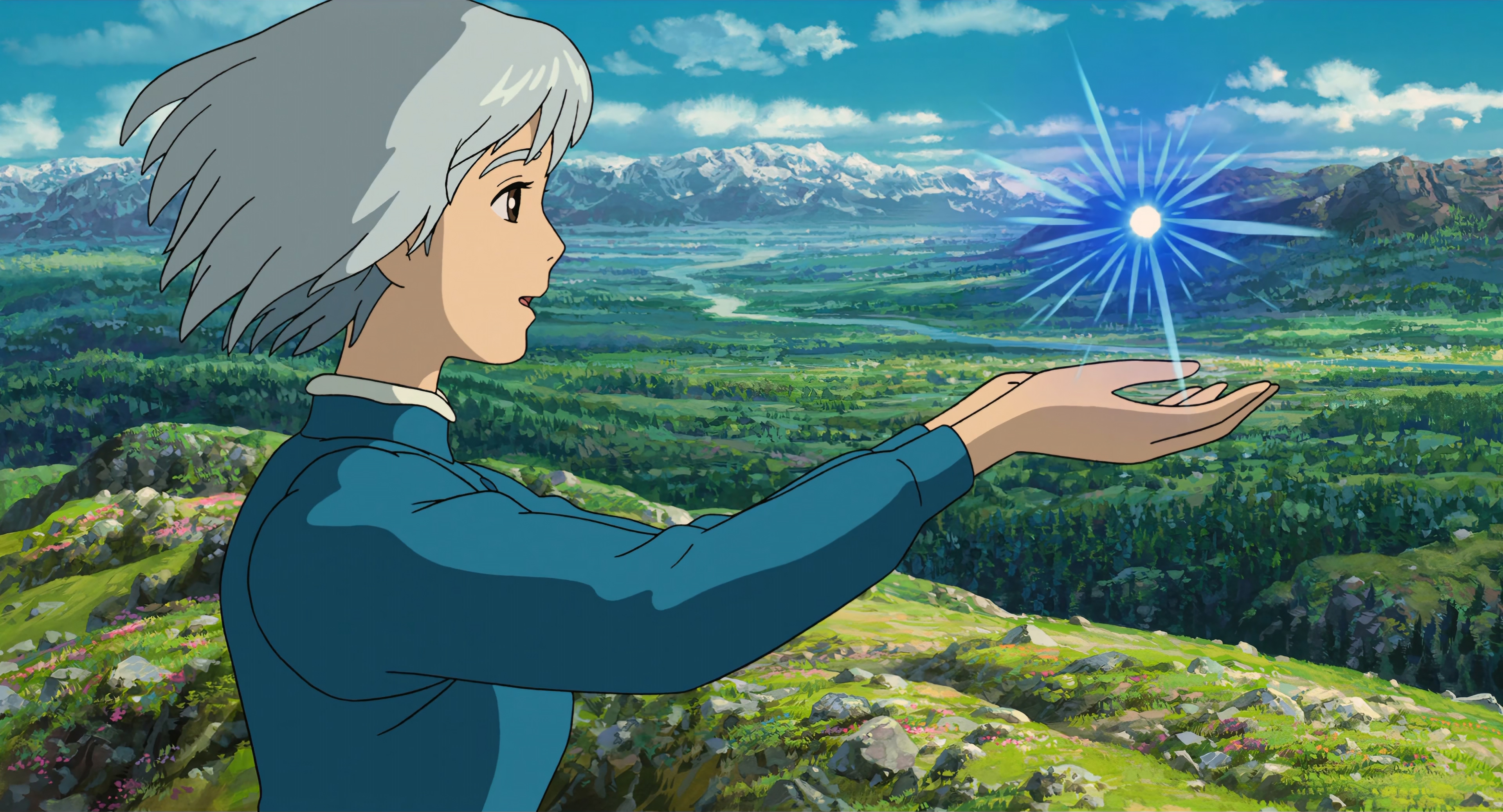 Anime 3840x2075 Howl's Moving Castle Studio Ghibli anime women long hair gray hair landscape mountains clouds Sophie Hatter fantasy art anime girls side view arms reaching long sleeves open mouth short hair