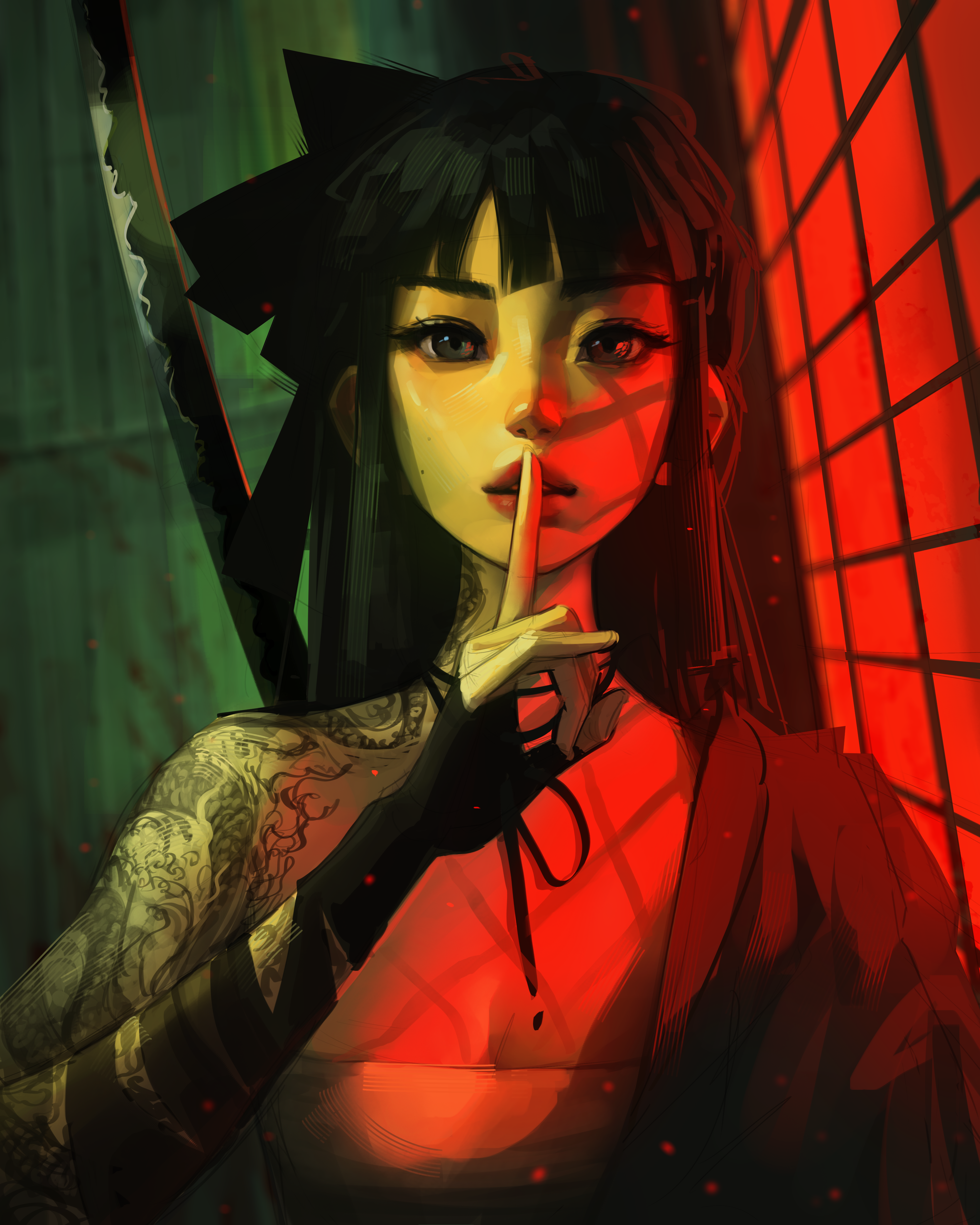 General 4320x5400 Sam Yang digital art artwork illustration portrait long hair dark hair tattoo katana looking at viewer red light silence hand gesture drawing women with swords fingers women frontal view portrait display parted lips