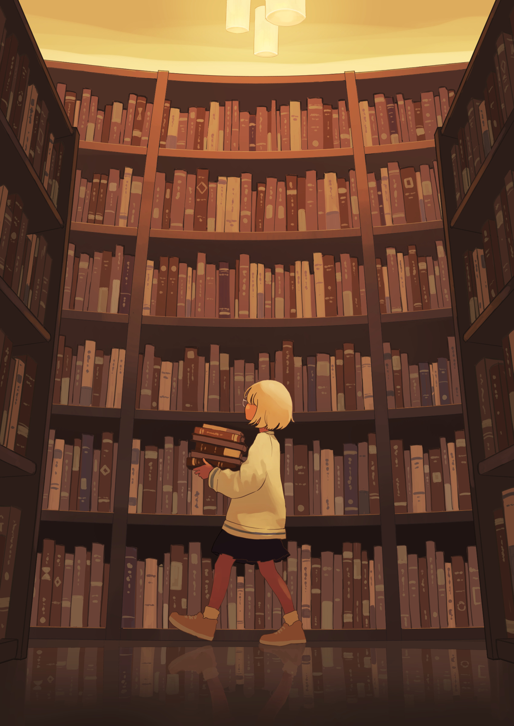 Anime 1700x2400 original characters library portrait display short hair bookshelves looking up Taizo women indoors glasses reflection sweater sneakers blonde books anime girls side view walking