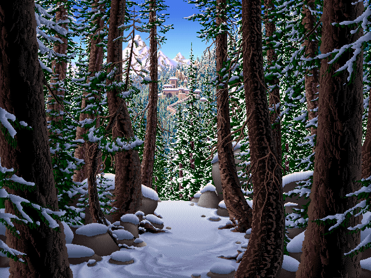 General 1280x960 pixel art nature afternoon snowy mountain Mark Ferrari digital art trees forest snow stones mountains sky snow covered clear sky