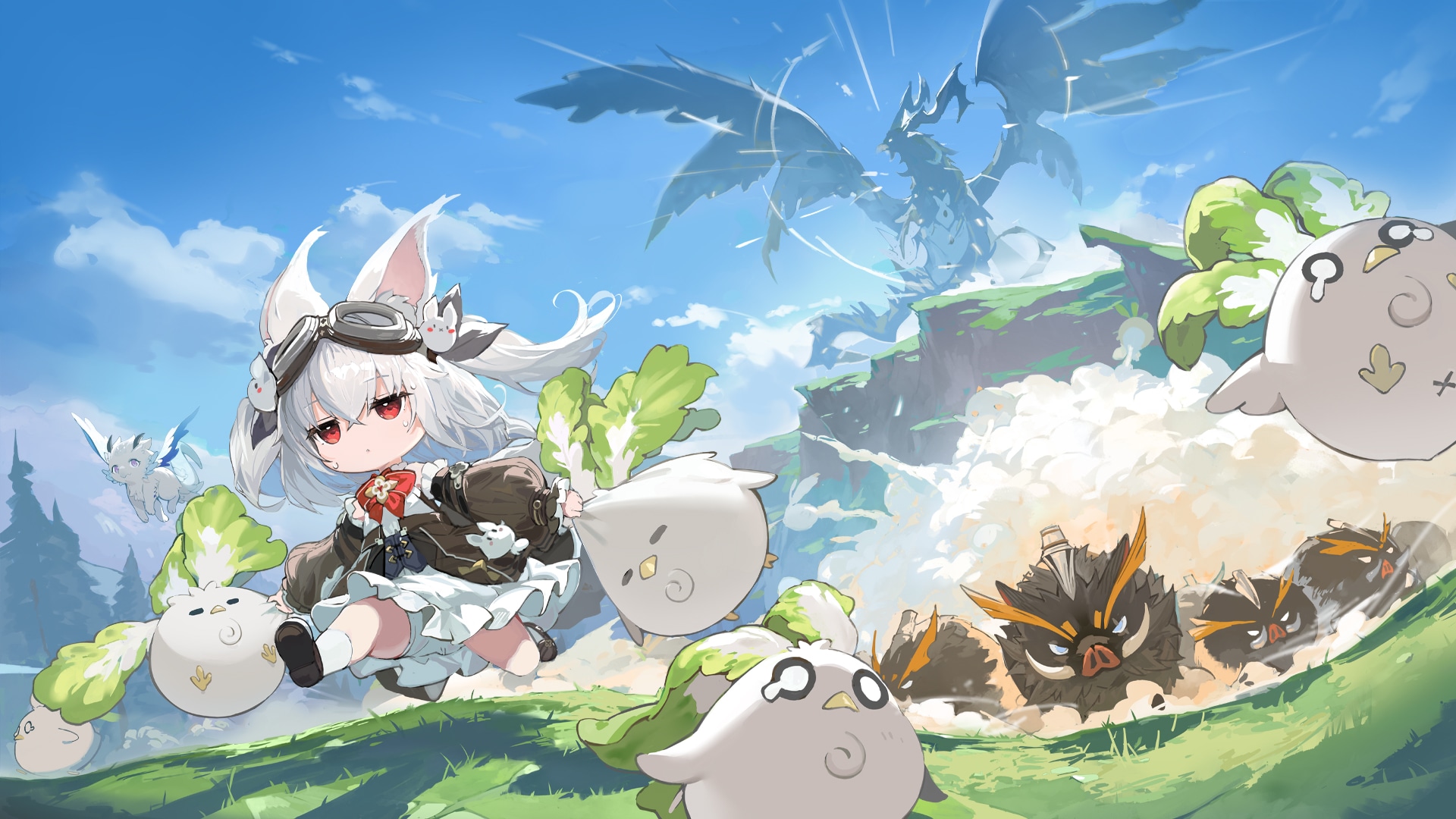 Anime 1920x1080 anime girls anime games Nono (Azur Promilia) sky Azur Promilia creature anime grass clouds hair between eyes running sweatdrop white hair red eyes shoe sole dragon animal ears goggles long sleeves bloomers expressionless animals white socks socks