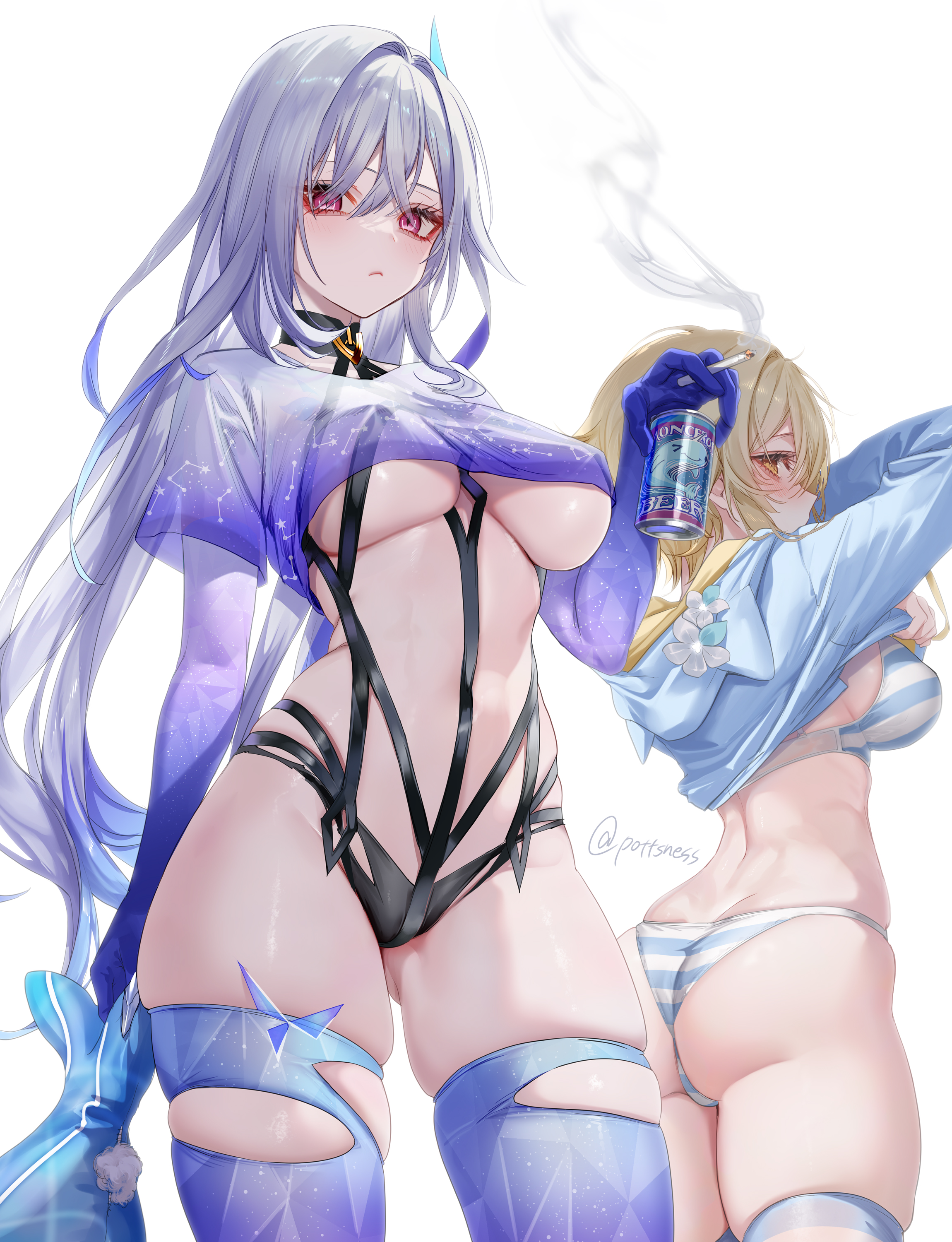 Anime 2300x3000 Genshin Impact stockings portrait display long hair two women cigarettes Lumine (Genshin Impact) Skirk (Genshin Impact) can looking at viewer alcohol white background smoke simple background gloves striped panties undressing striped bra blue gloves big boobs underboob Pottsness panties underwear thighs