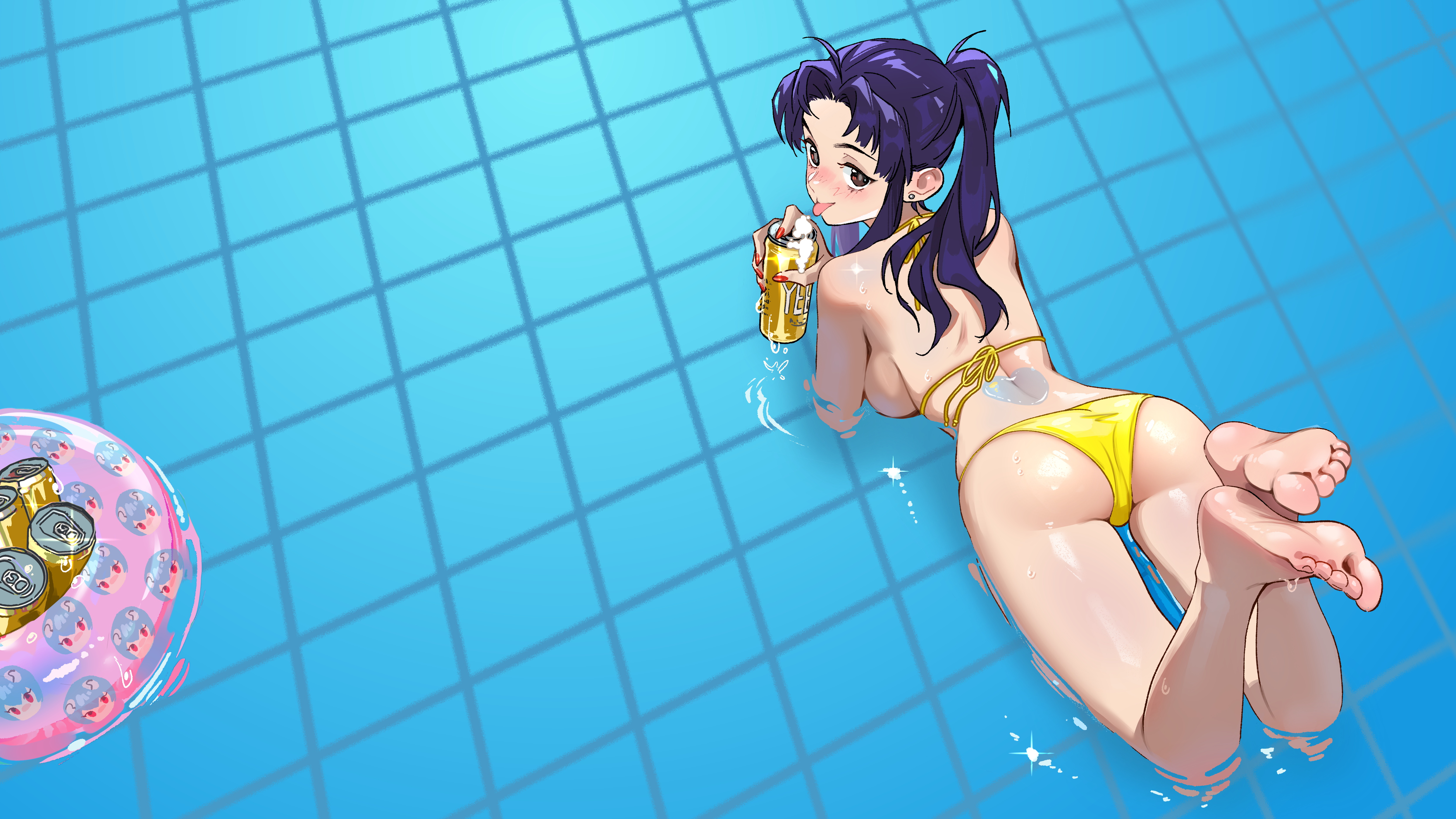Anime 4978x2800 Neon Genesis Evangelion Katsuragi Misato anime girls purple hair ponytail bangs bikini yellow bikini ass wide hips feet wrinkled soles toes beer can floater pool float swimming pool water lying in water lying down back sideboob bare shoulders straps drinking drink tongue out earring blushing foam wet wet body water drops memes anime high angle bright gluteal fold Snegovski long hair lying on front looking back