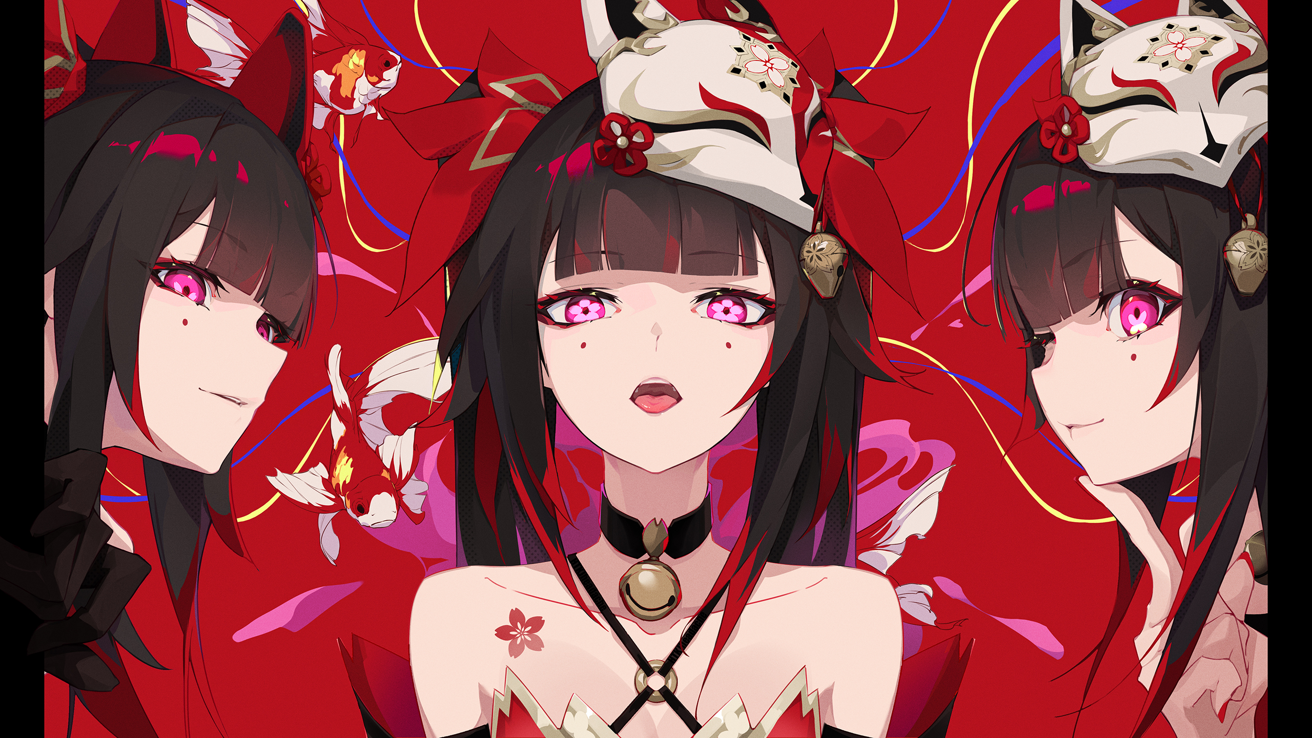 Anime 2560x1440 Honkai: Star Rail artwork Sparkle (Honkai: Star Rail) black hair twintails fox mask looking at viewer anime girls HTKJheadache collarbone parted lips choker bangs bells two tone hair anime open mouth tongue out tongues pink eyes