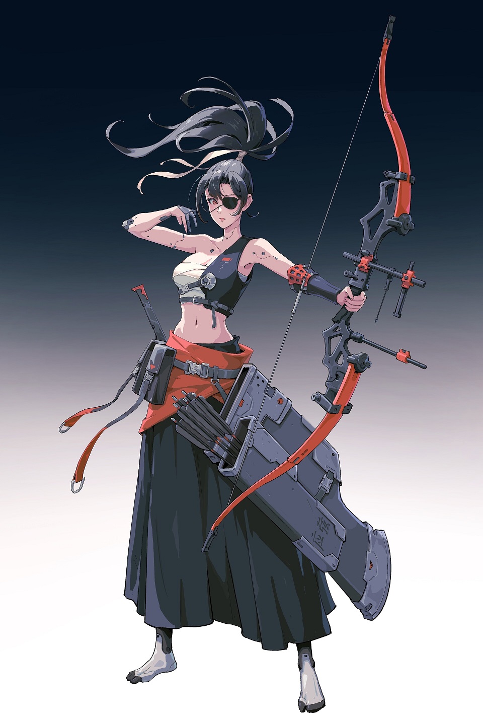 Anime 960x1440 Wenfei Ye drawing women dark hair skirt arrows bow science fiction wind eyepatches archer portrait display anime girls bow and arrow belly
