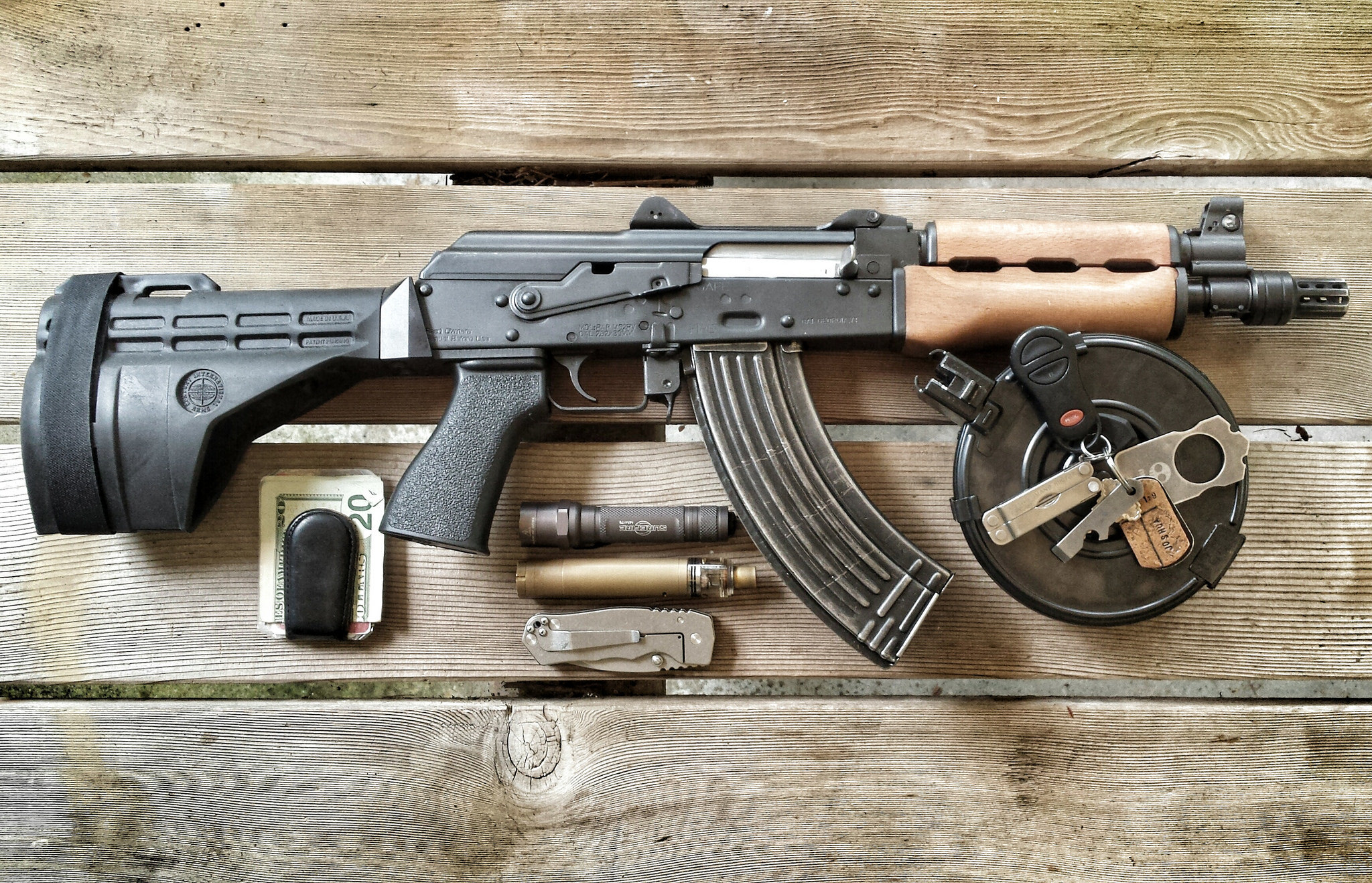 General 2048x1318 weapon gun ammunition wood money top view AK-47 AK-47 Draco drum magazine carbine Russian/Soviet firearms