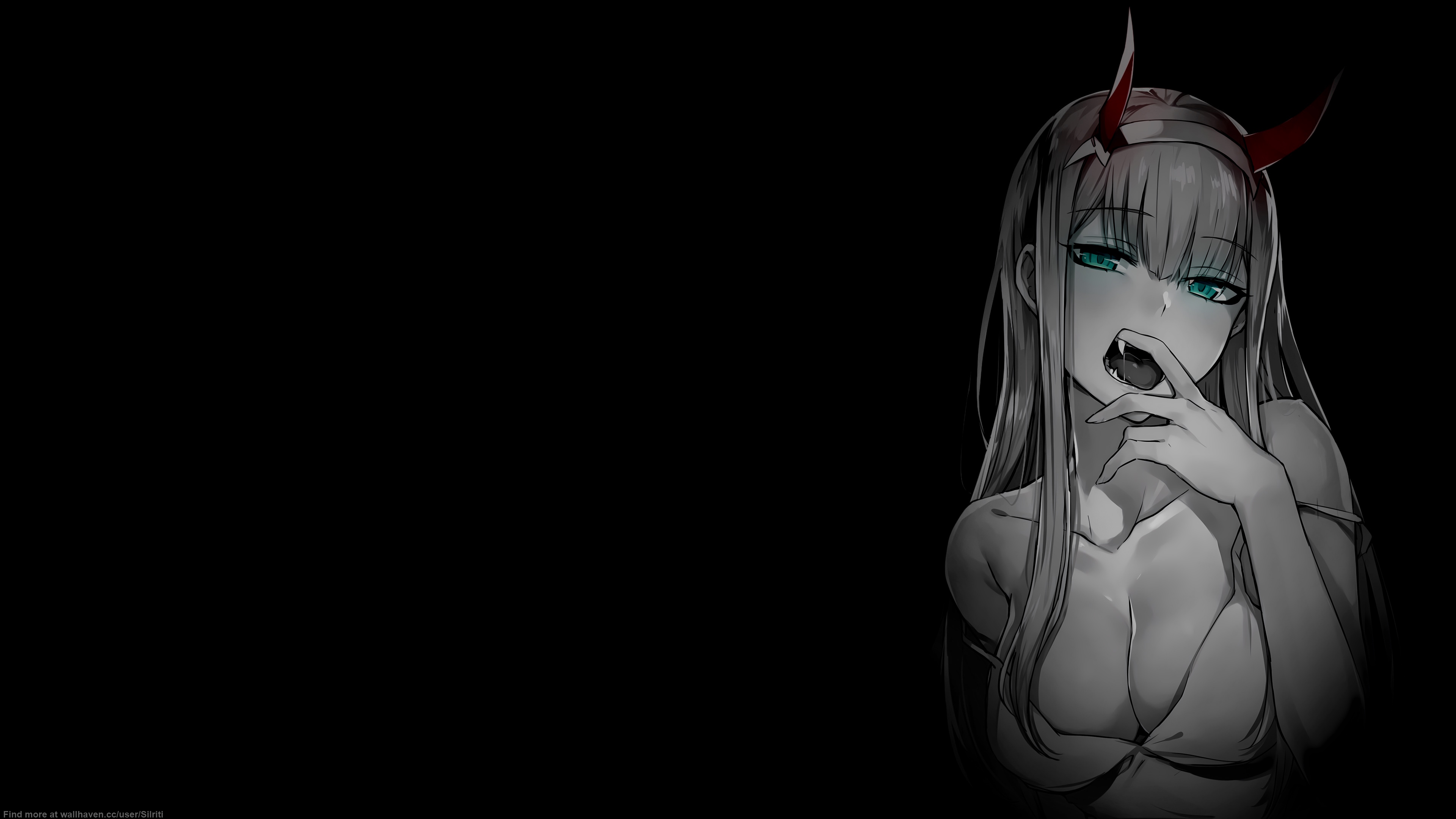 Anime 3840x2160 selective coloring black background dark background simple background anime girls Darling in the FranXX Zero Two (Darling in the FranXX) cleavage minimalism big boobs open mouth saliva