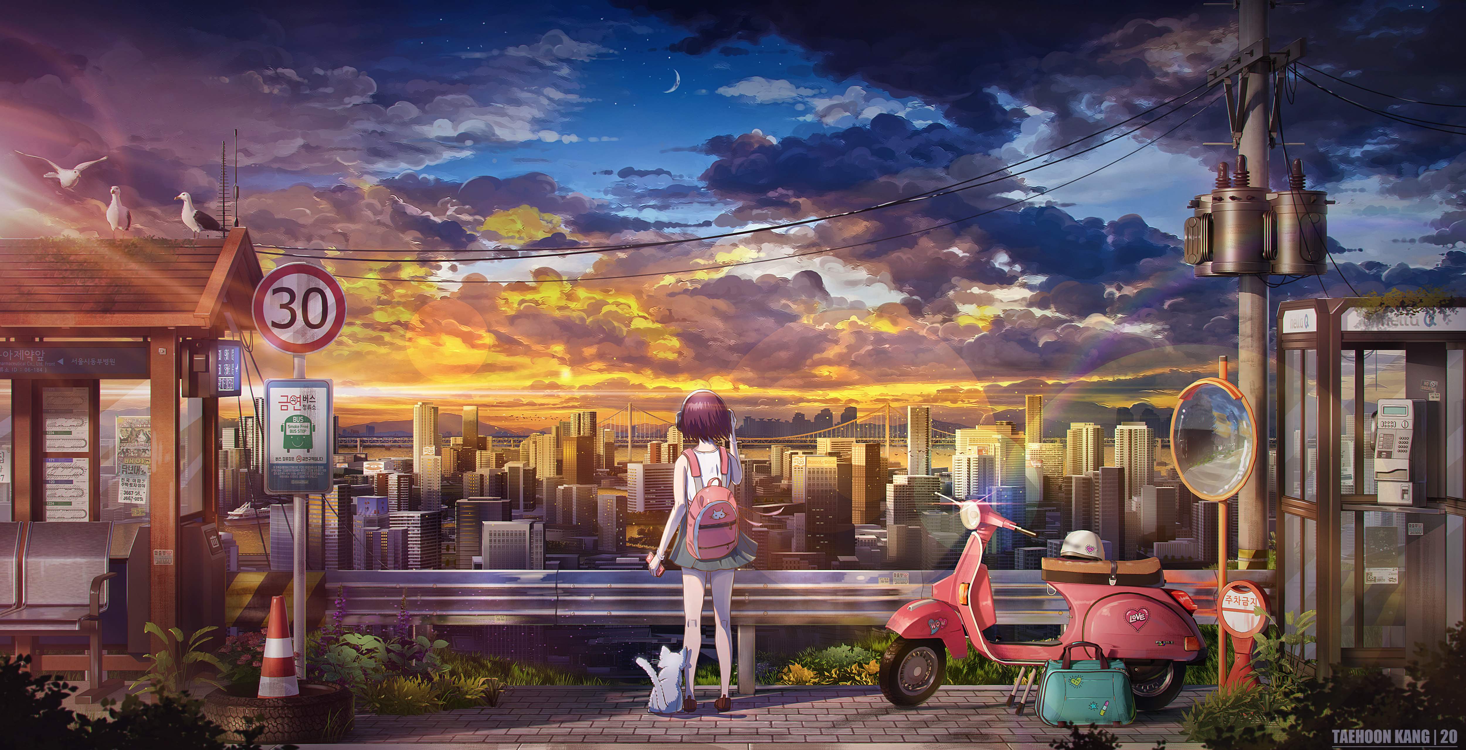 Anime 5000x2559 anime girls scooters schoolgirl school uniform Uomi watermarked birds road sign city cityscape artwork sunset sunset glow cats clouds animals
