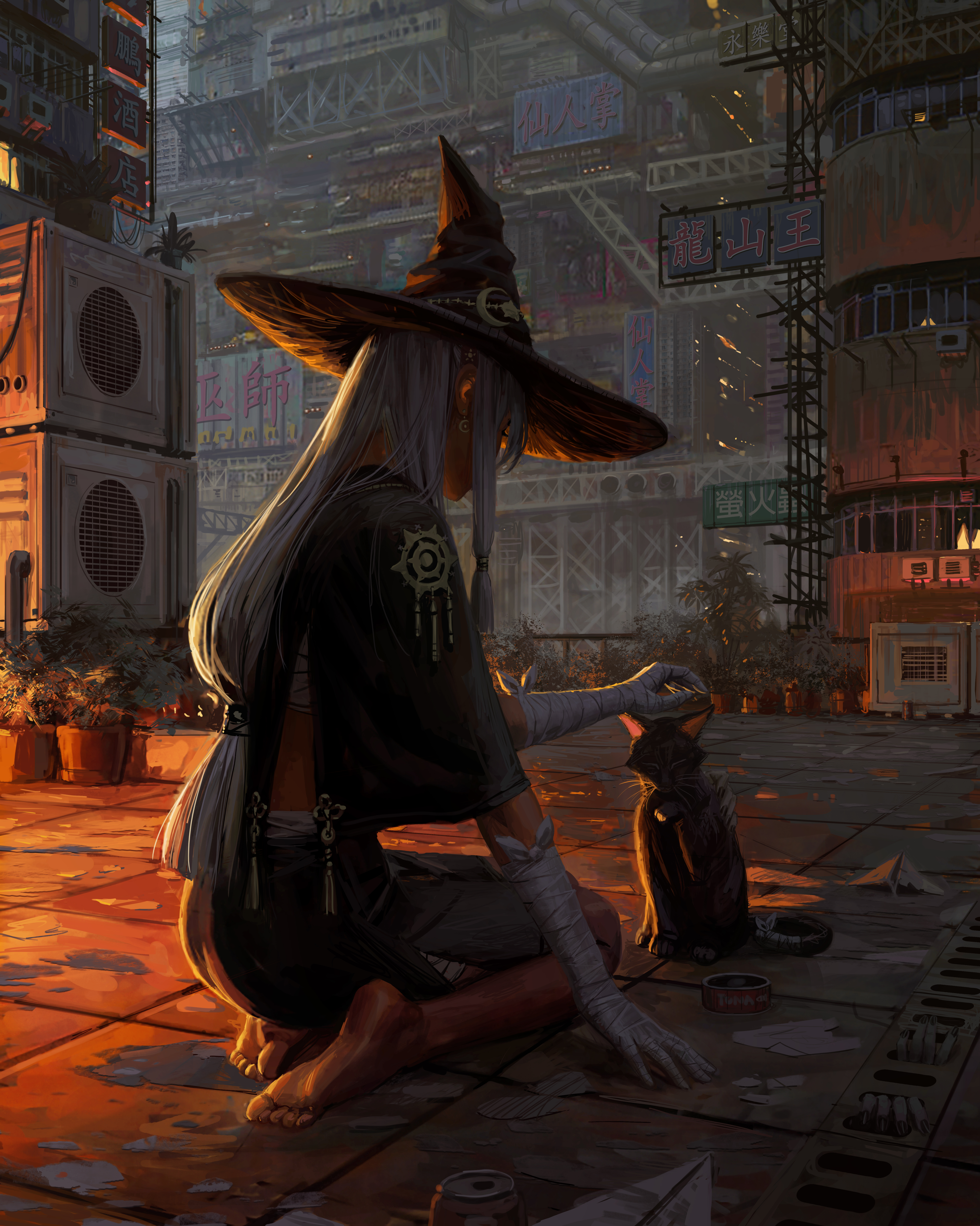 General 5498x6873 original characters concept art 2D artwork drawing witch fantasy girl witch hat portrait display fantasy art cats GUWEIZ