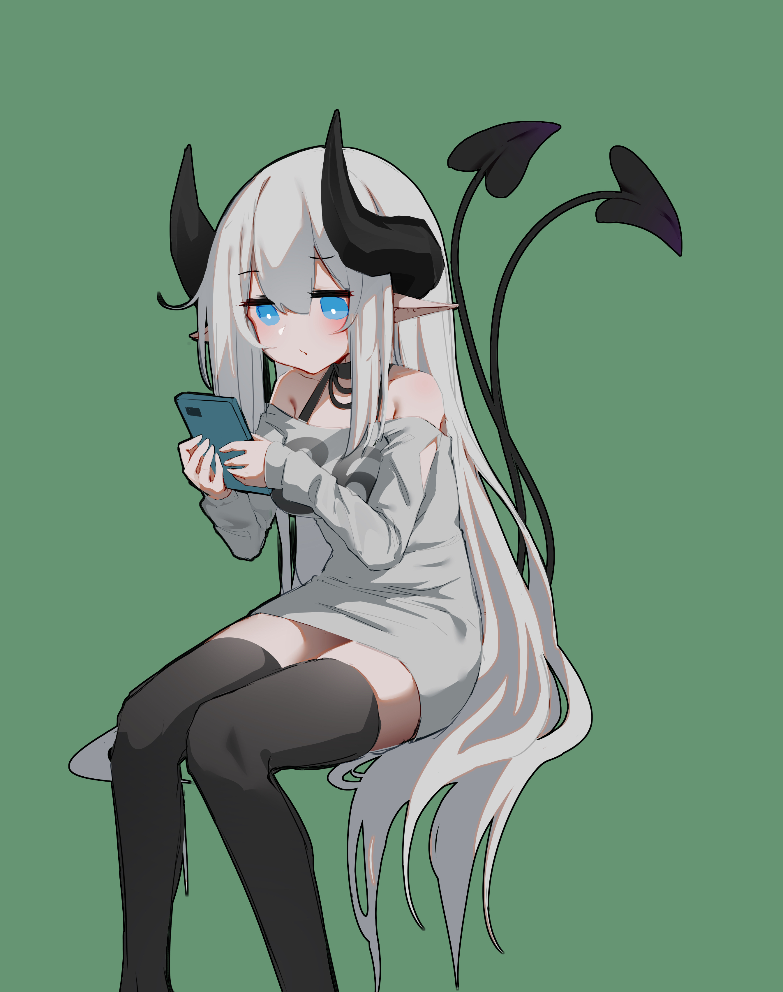 Anime 2688x3404 The sound of painting anime anime girls portrait display demon girls demon tail demon horns stockings phone pointy ears green background simple background minimalism