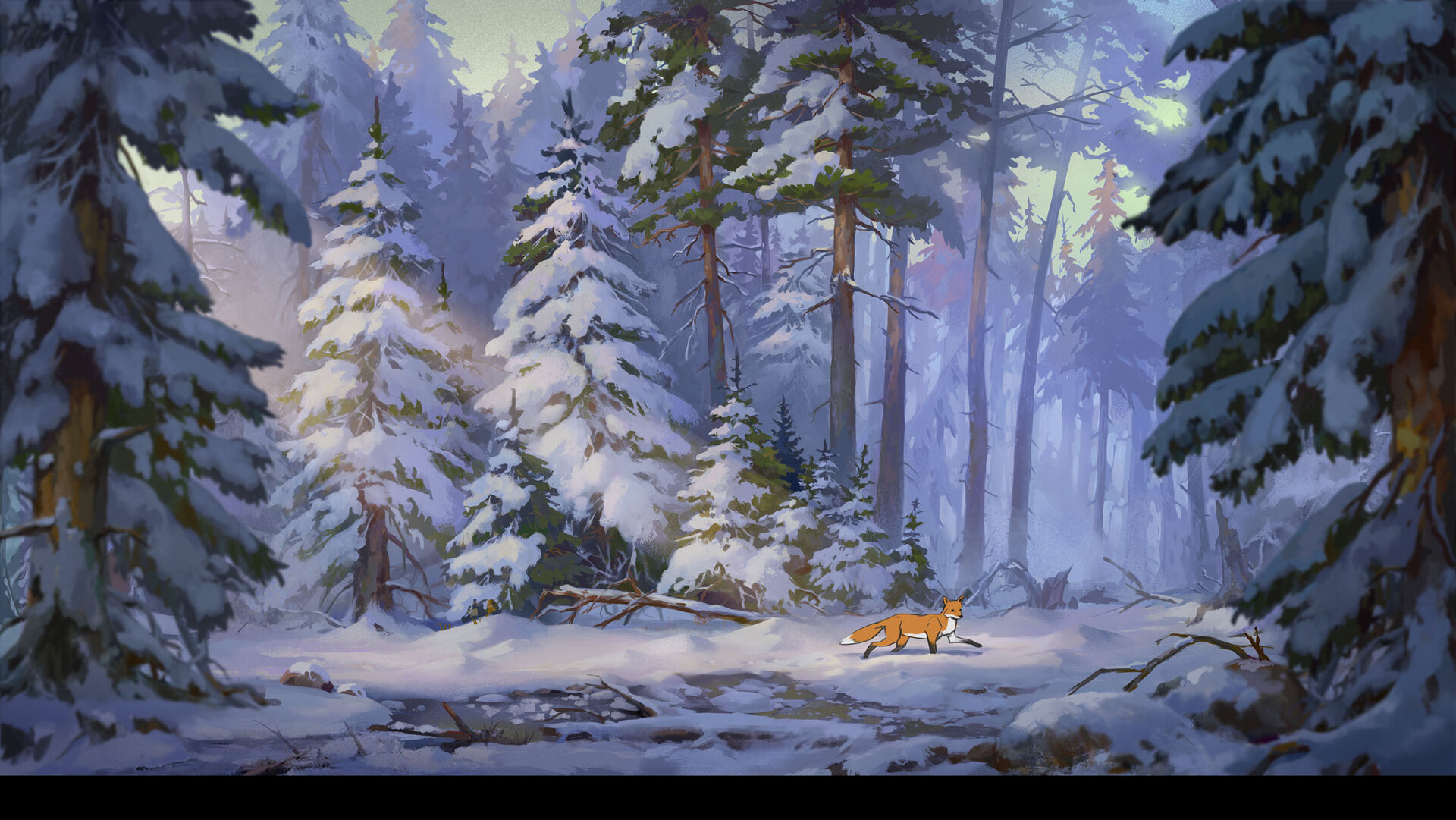General 1920x1081 fox cartoon winter ArtStation forest fir snow trees nature animals