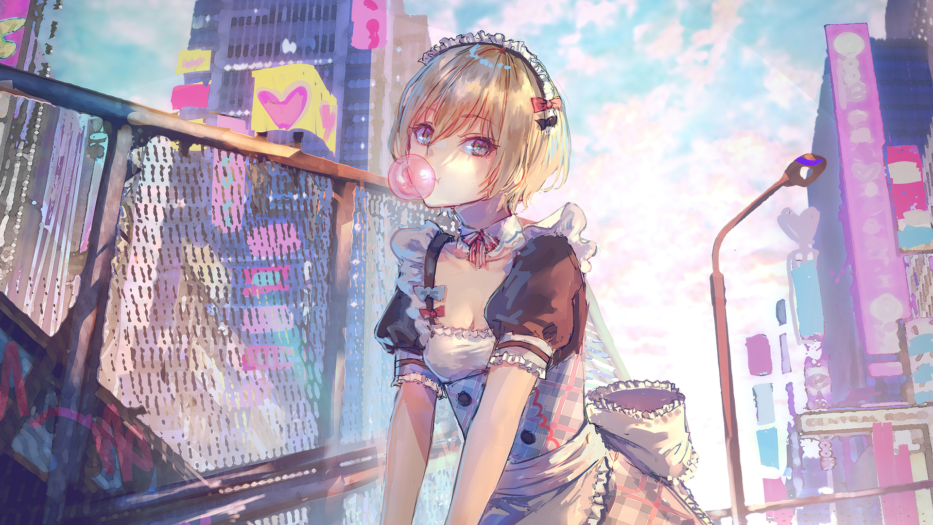 Anime 1920x1080 anime girls blonde short hair maid outfit maid building city looking at viewer clouds low-angle chewing gum bubble gum