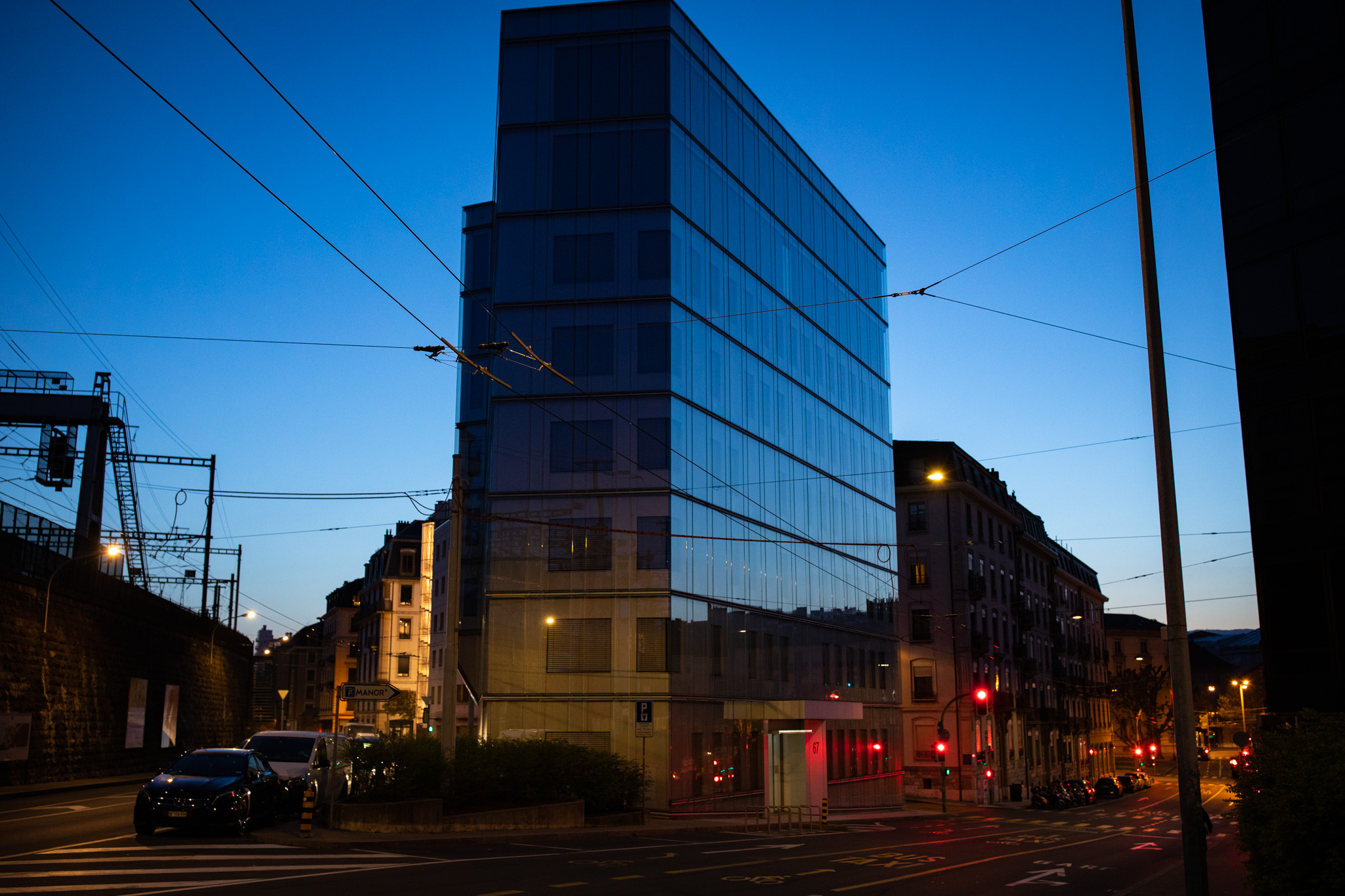 General 2048x1365 photography outdoors urban city building road car office street light twilight