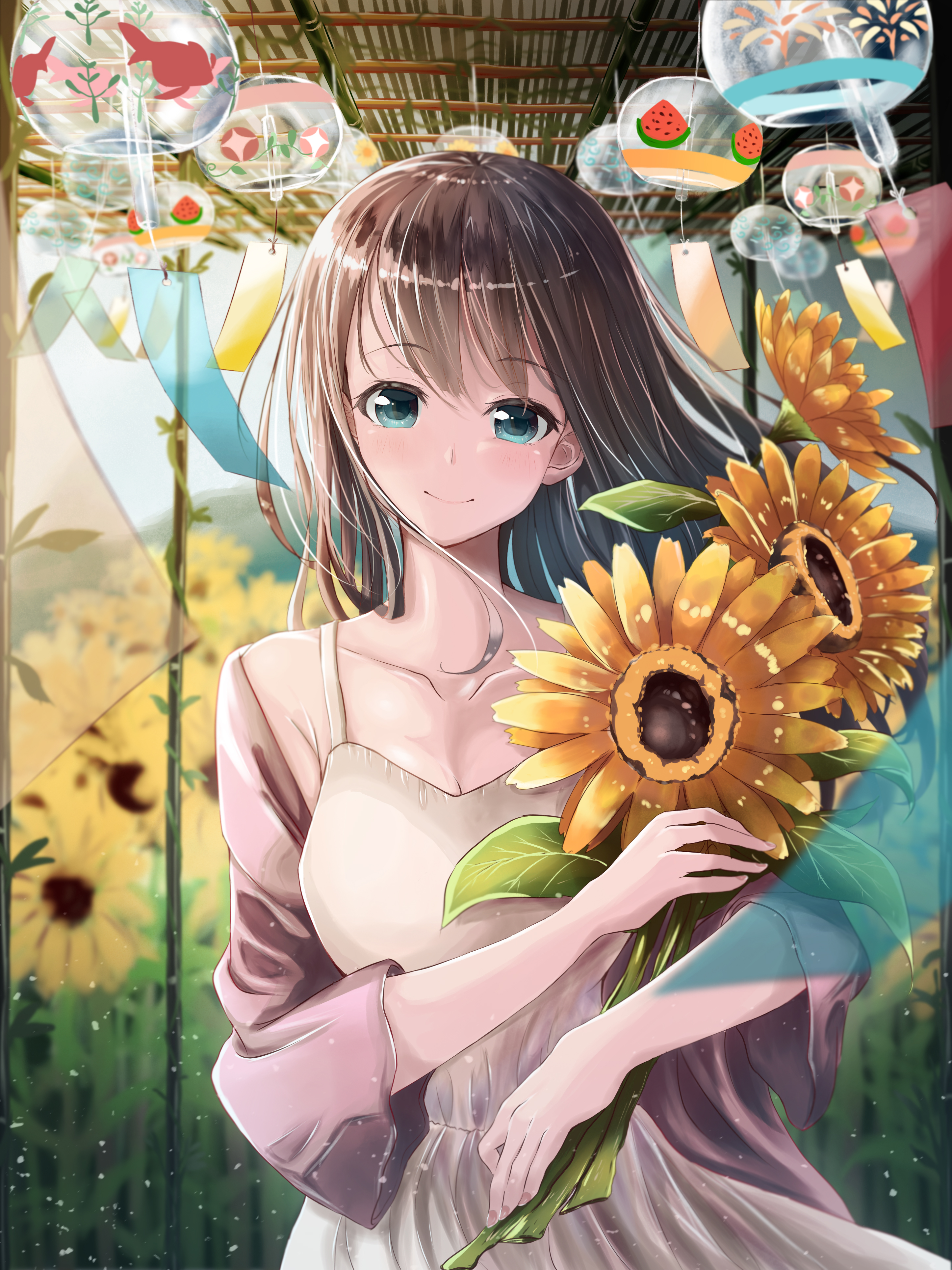 Anime 2893x3858 anime anime girls sunflowers portrait display smiling flowers brunette blue eyes