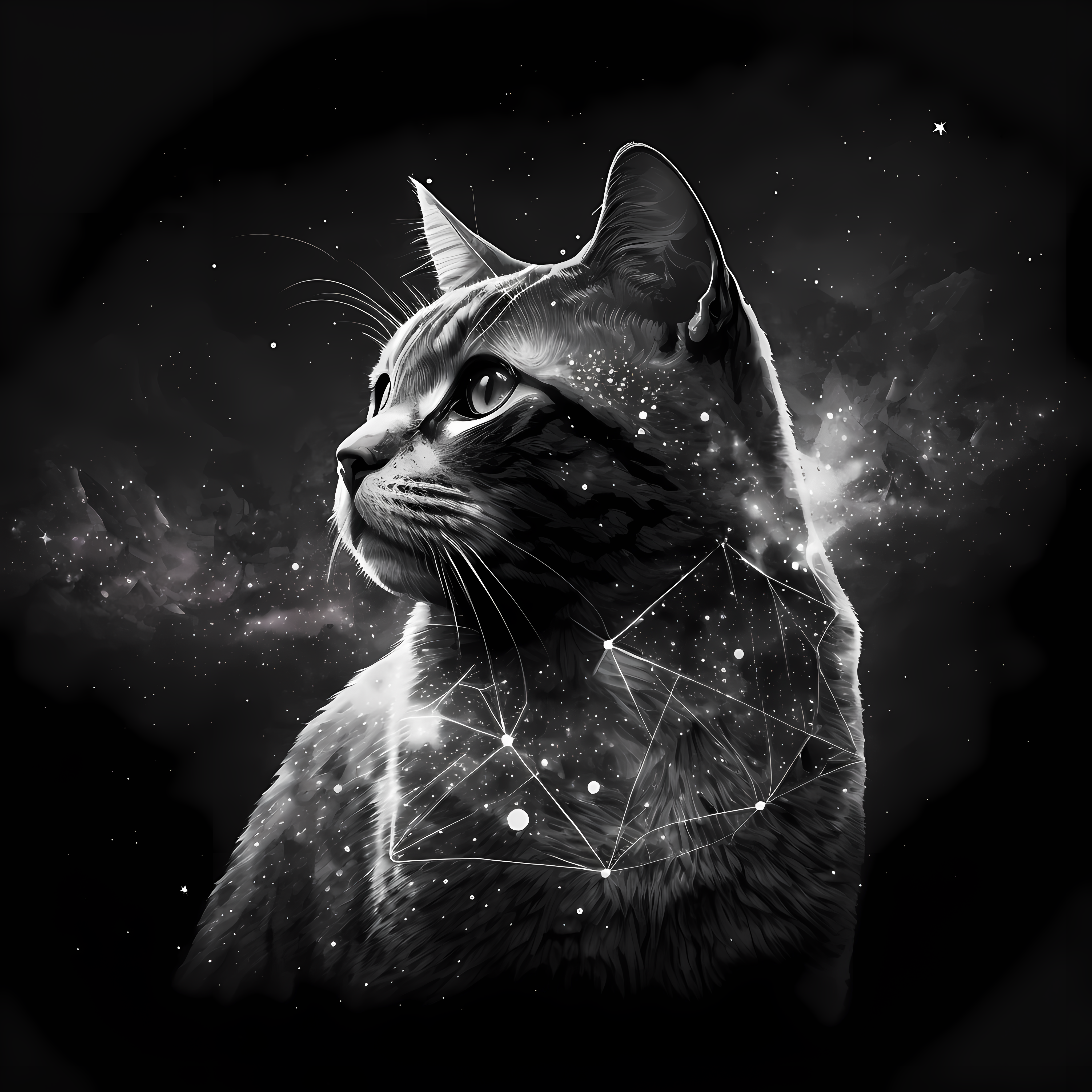 General 4096x4096 magic AI art monochrome constellations cats