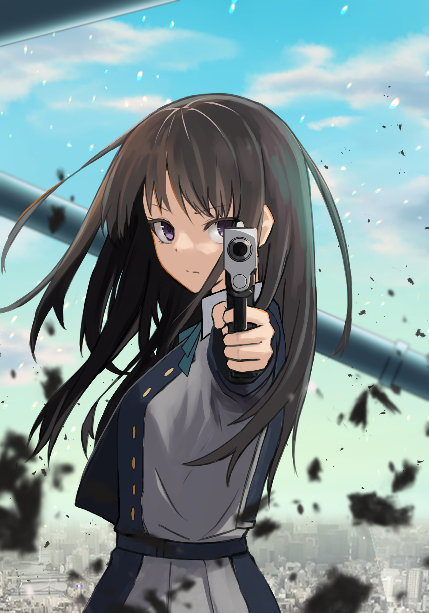 Anime 1400x2000 anime anime girls Lycoris Recoil Inoue Takina long hair black hair solo artwork digital art fan art at gunpoint gun girls with guns