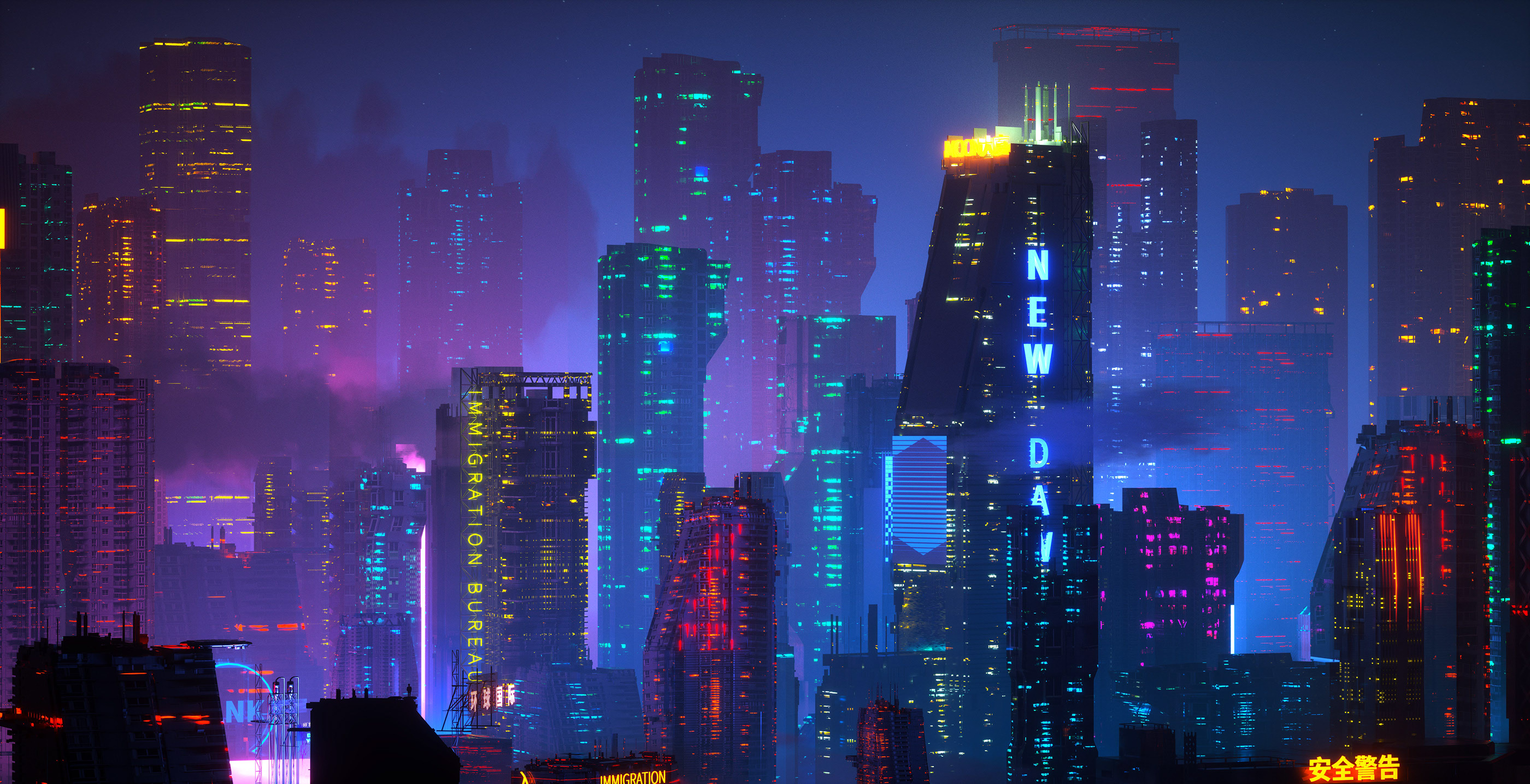 General 2800x1436 digital art artwork illustration city cityscape night futuristic futuristic city cyberpunk building architecture skyscraper neon