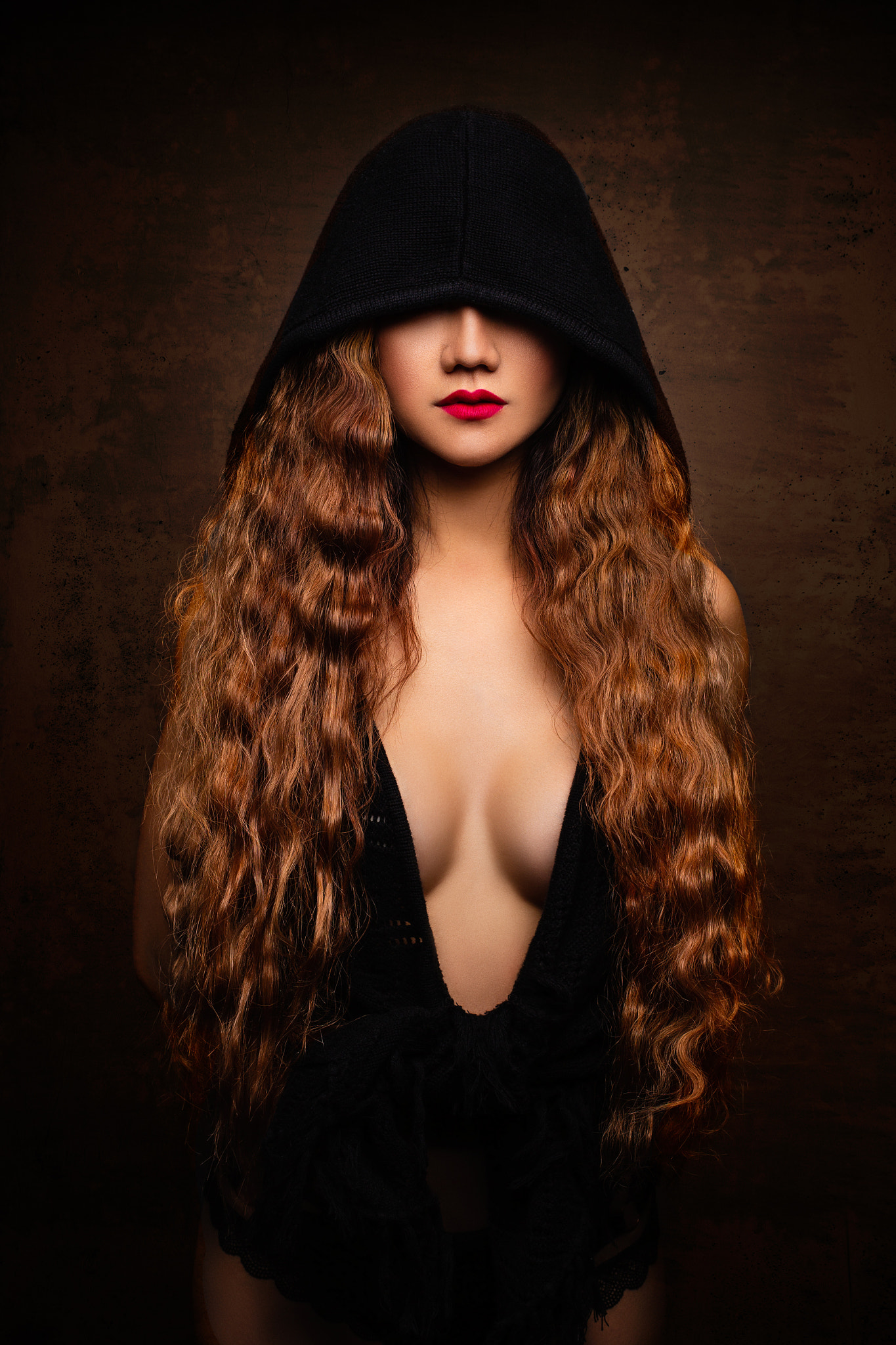 People 1365x2048 Colby Files women hoods redhead cleavage lingerie covered eye(s) lipstick simple background