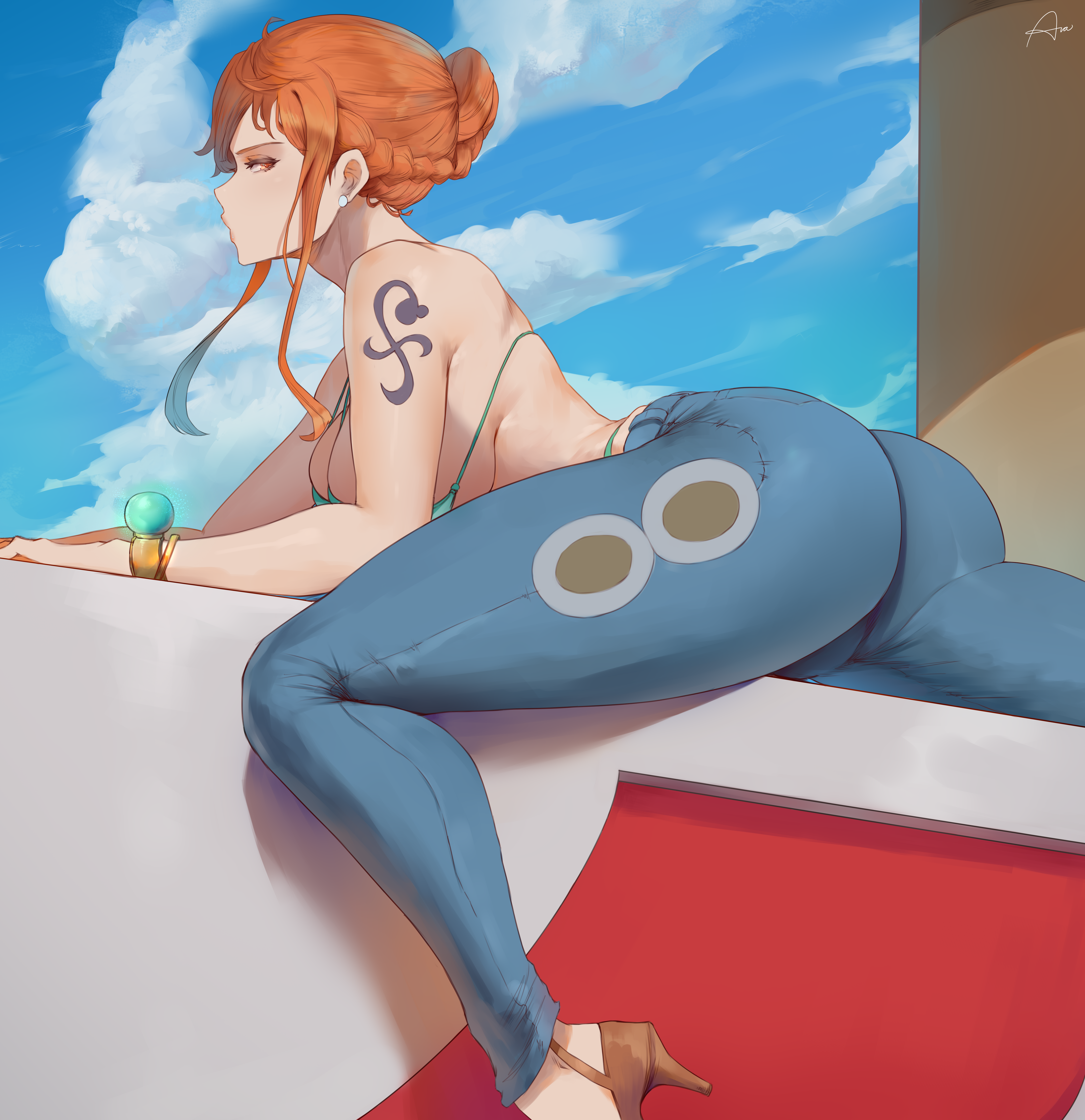 Anime 5500x5679 Nami anime anime girls 2D artwork drawing fan art Araneesama bikini top jeans curvy ass thick thigh redhead braids hairbun sky clouds