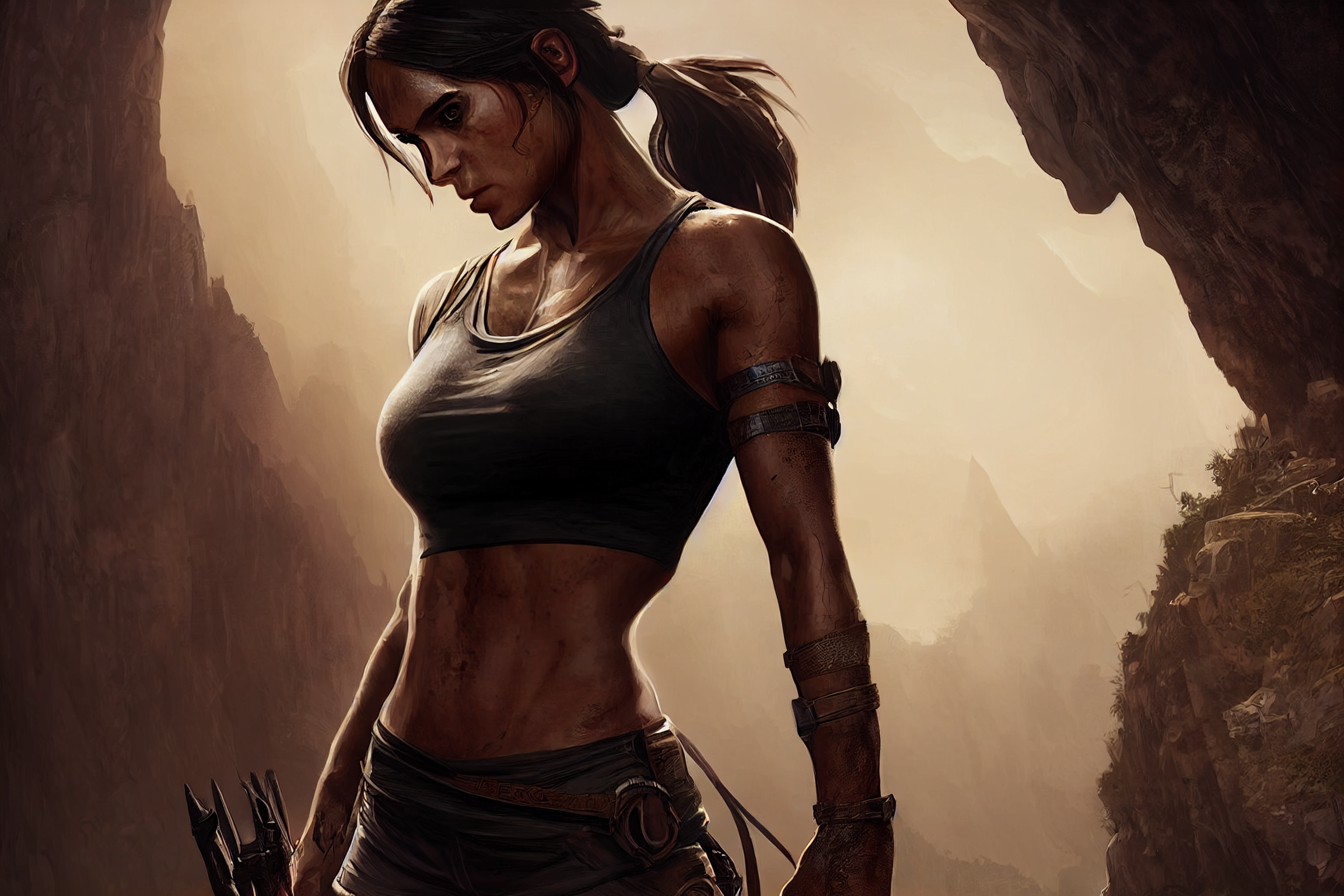 General 2304x1536 Lara Croft (Tomb Raider) women warrior bare midriff tank top ponytail belly video game characters AI art