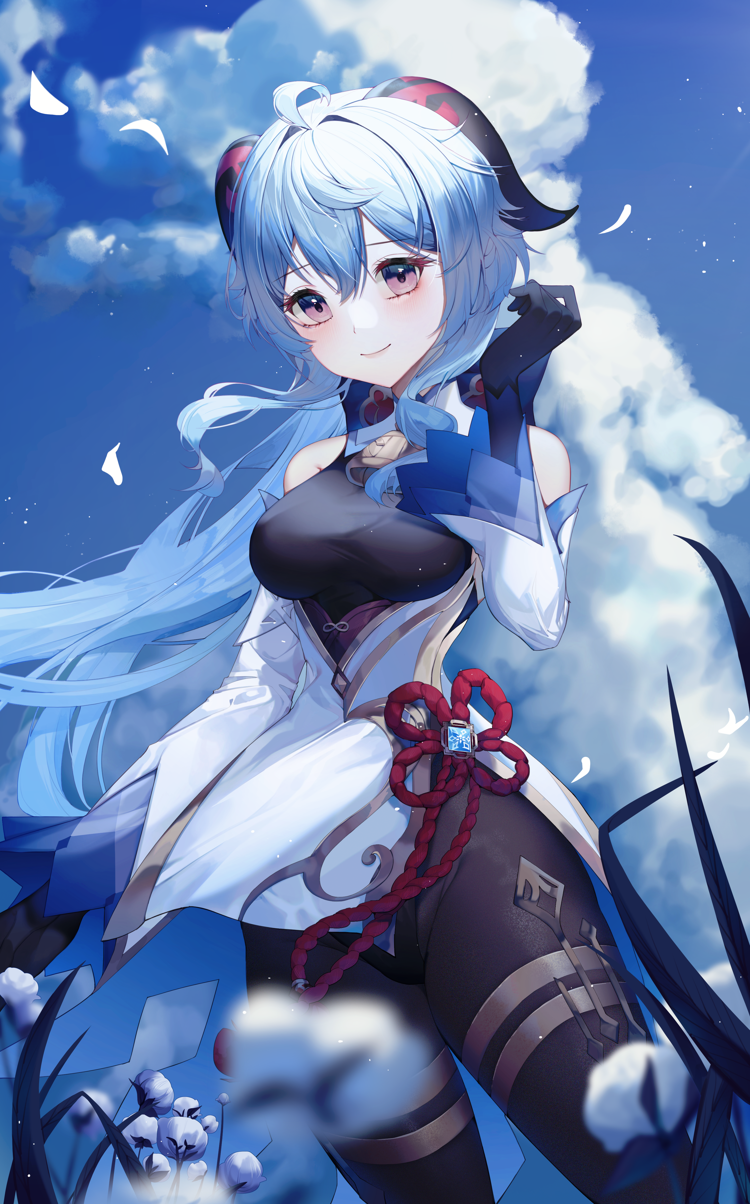 Anime 2915x4680 Genshin Impact Ganyu (Genshin Impact) anime girls blue hair horns clouds petals