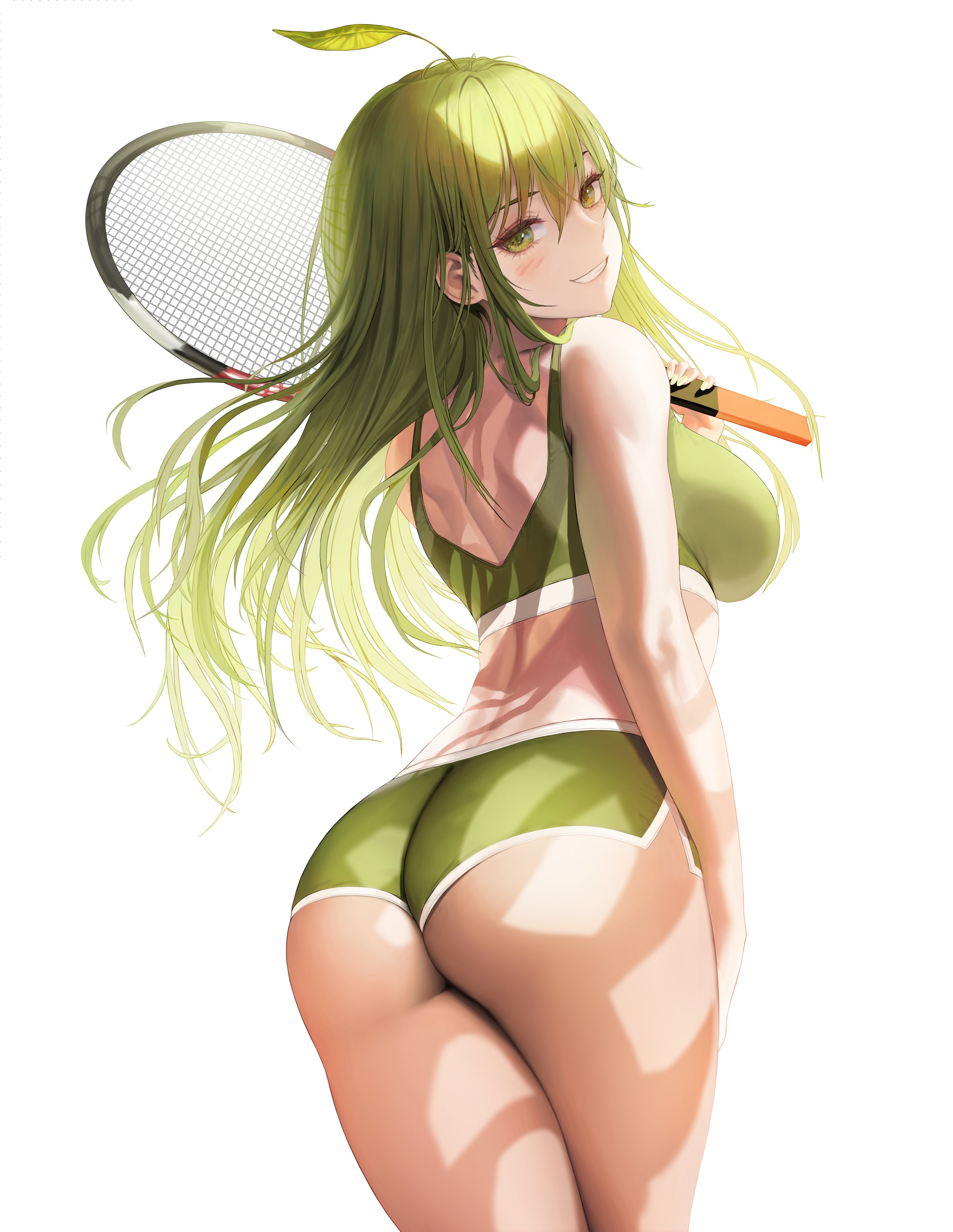 Anime 2750x3554 anime anime girls ass rear view tennis rackets boobs big boobs huge breasts curvy green hair long hair white background simple background smiling looking over shoulder short shorts sports bra green eyes sportswear artwork Tokkihouse