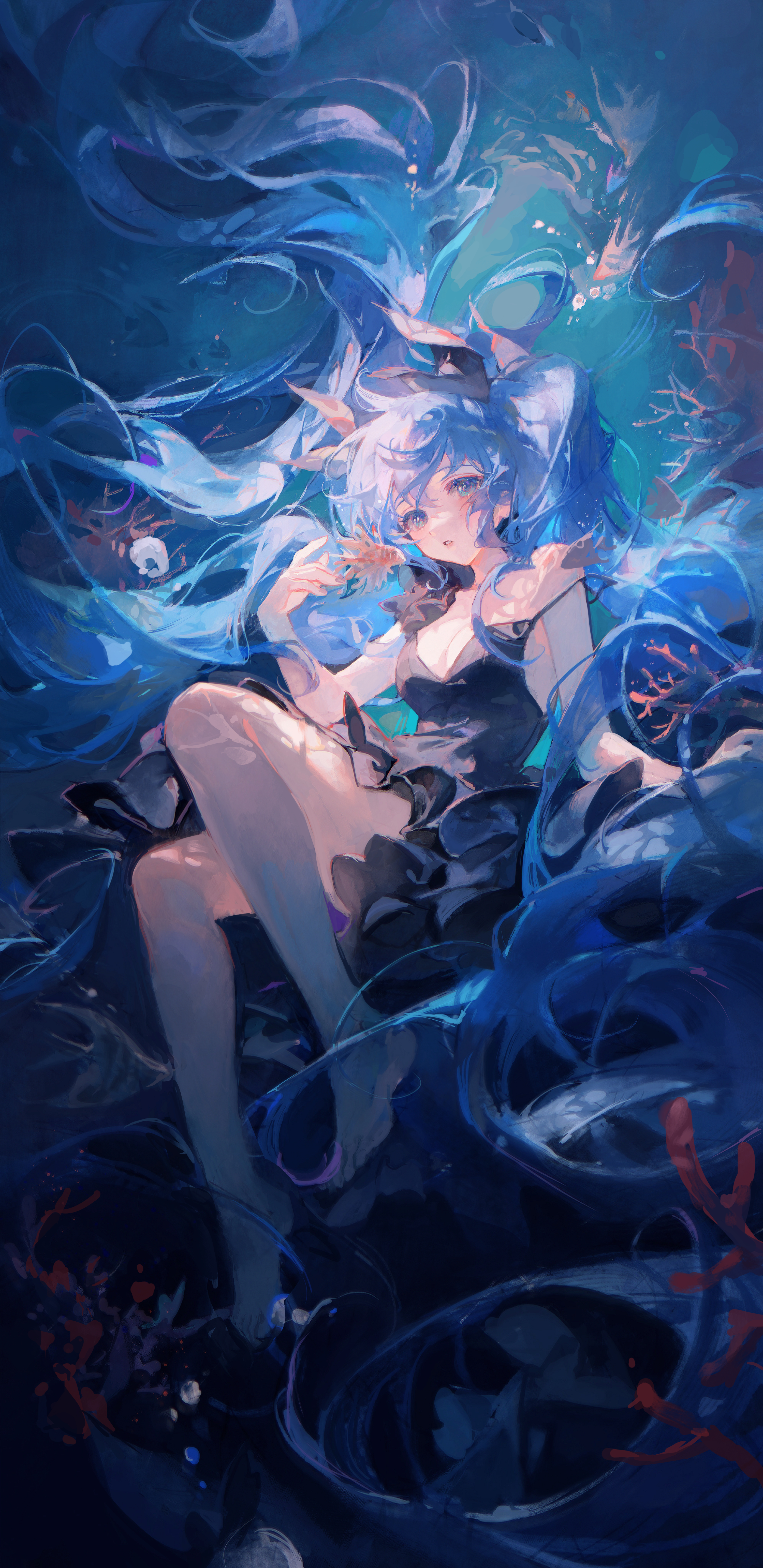 Anime 3000x6167 Hatsune Miku Vocaloid long hair twintails blue hair blue eyes anime girls portrait display looking at viewer dress water underwater coral bubbles fish animals Maccha