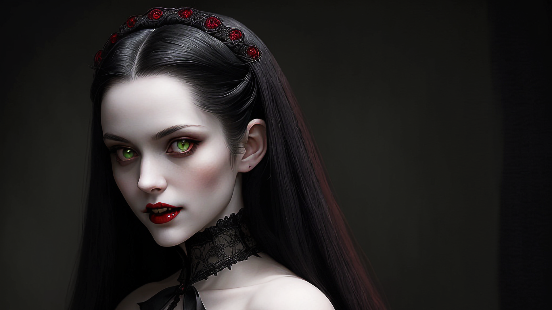 General 1920x1080 AI art women vampires black hair red lipstick long hair looking at viewer digital art simple background minimalism