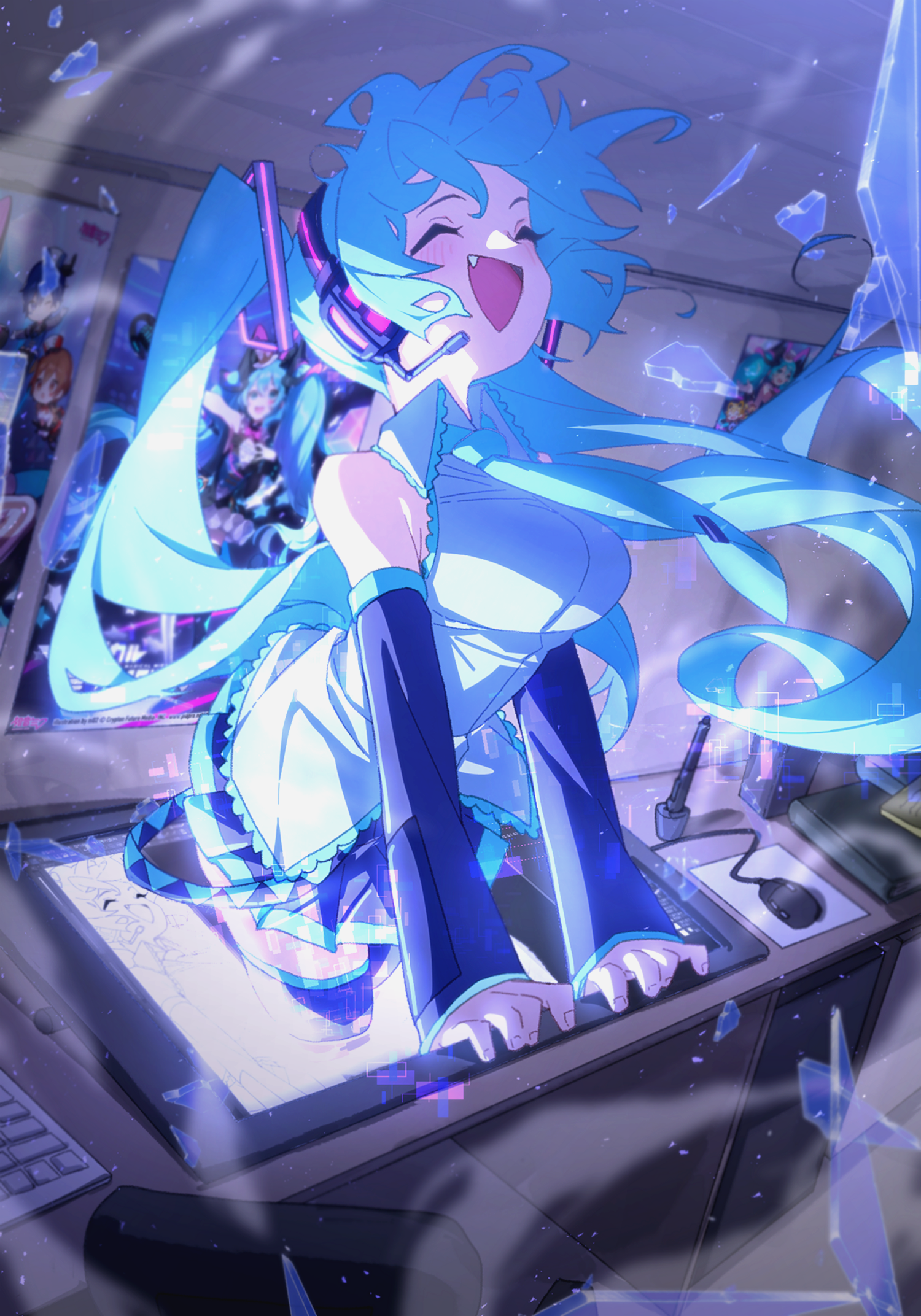 Anime 1500x2144 anime anime girls Vocaloid Hatsune Miku twintails long hair open mouth closed eyes portrait display blue hair broken glass headsets room poster