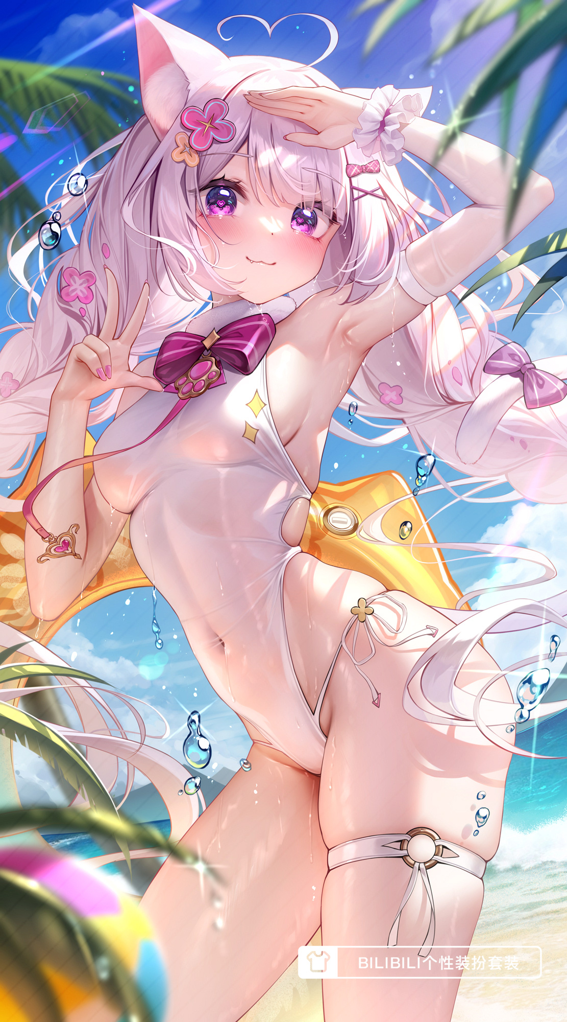 Anime 1111x2000 indie virtual youtuber sky anime girls portrait display Asakawa Tamano armpits MeIoN looking at viewer purple eyes white hair pink hair animal ears cat ears closed mouth detached sleeves wet one-piece swimsuit sea white swimsuit wet body hand gesture swimwear hair ornament standing watermarked blushing women on beach leaves women outdoors ahoge water drops sunlight Japanese wet swimsuit big boobs smiling cat tail Virtual Youtuber thigh strap long hair see-through clothing tail sideboob wrist cuffs