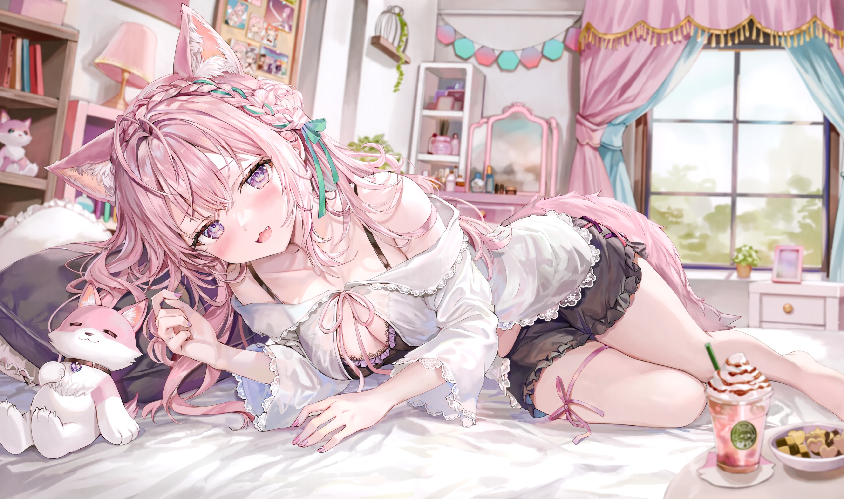 Anime 3500x2069 anime anime girls lying down lying on side Hakui Koyori Hololive Virtual Youtuber cleavage interior room drink cookies blushing looking at viewer long hair pink hair purple eyes pillow bed mirror lamp curtains big boobs lingerie fox girl fox ears fox tail braids animals smiling collar frills in bed indoors women indoors