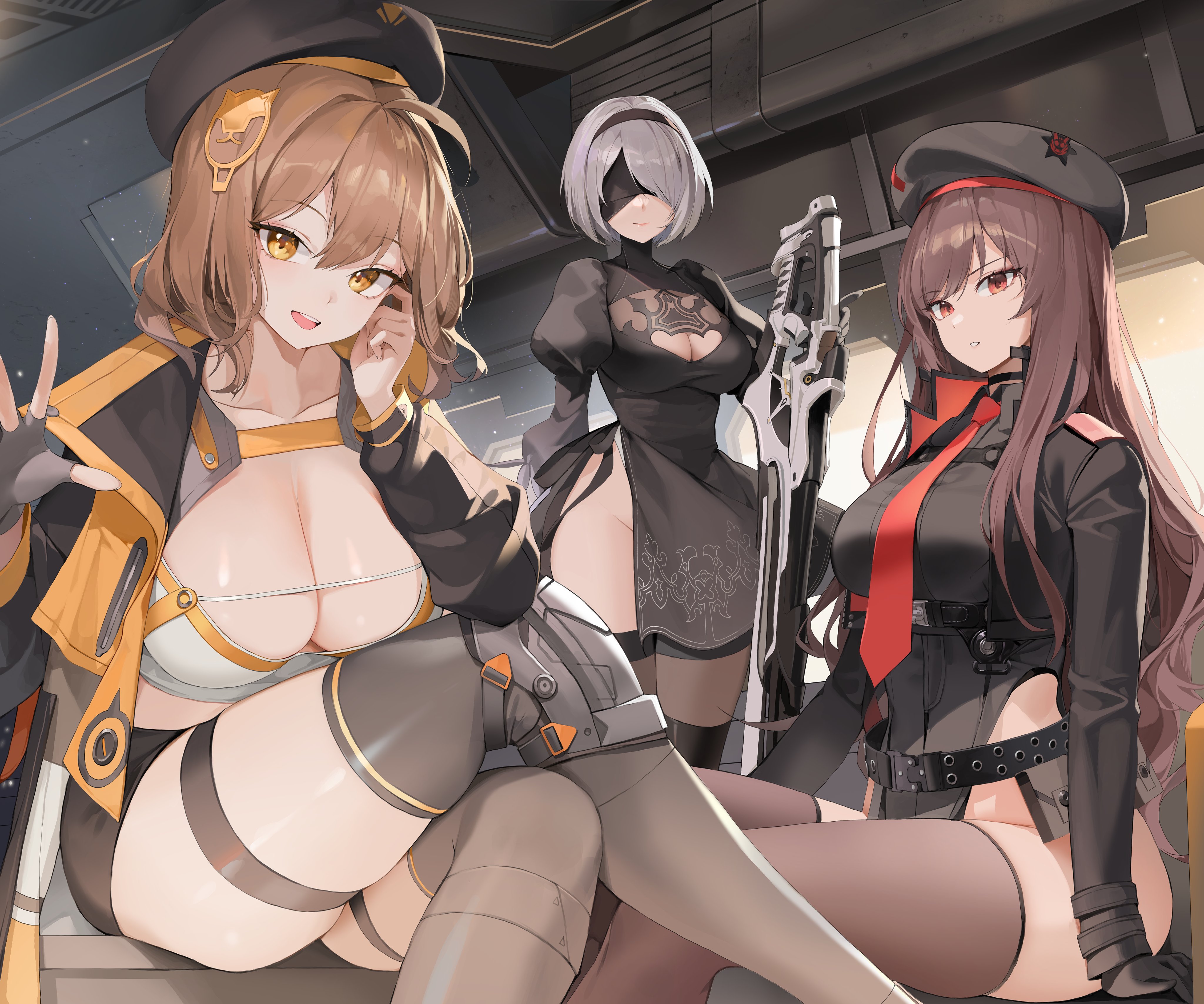 Anime 4096x3413 Nikke: The Goddess of Victory Nier Nier: Automata 2B (Nier: Automata) berets Anis (Nikke: The Goddess of Victory) Rapi (Nikke: The Goddess of Victory) looking at viewer leotard women trio crossover legs crossed blindfold Chyo black thigh highs stockings black leotard big boobs cleavage cutout group of women cleavage weapon open mouth thighs sitting hat