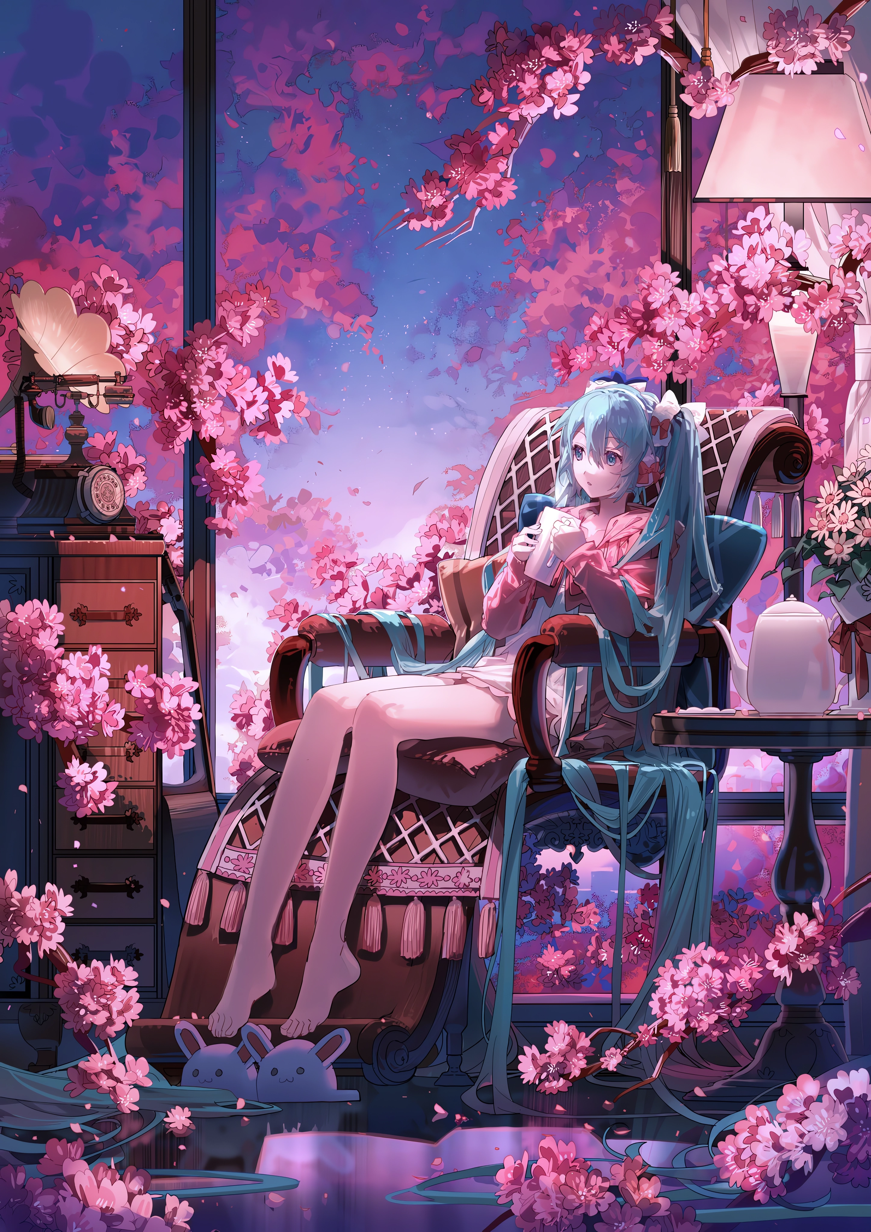 Anime 2894x4092 anime anime girls gramophone Vocaloid Hatsune Miku sitting sky clouds flowers petals twintails cyan hair blue eyes looking away feet portrait display lamp table cherry blossom slippers