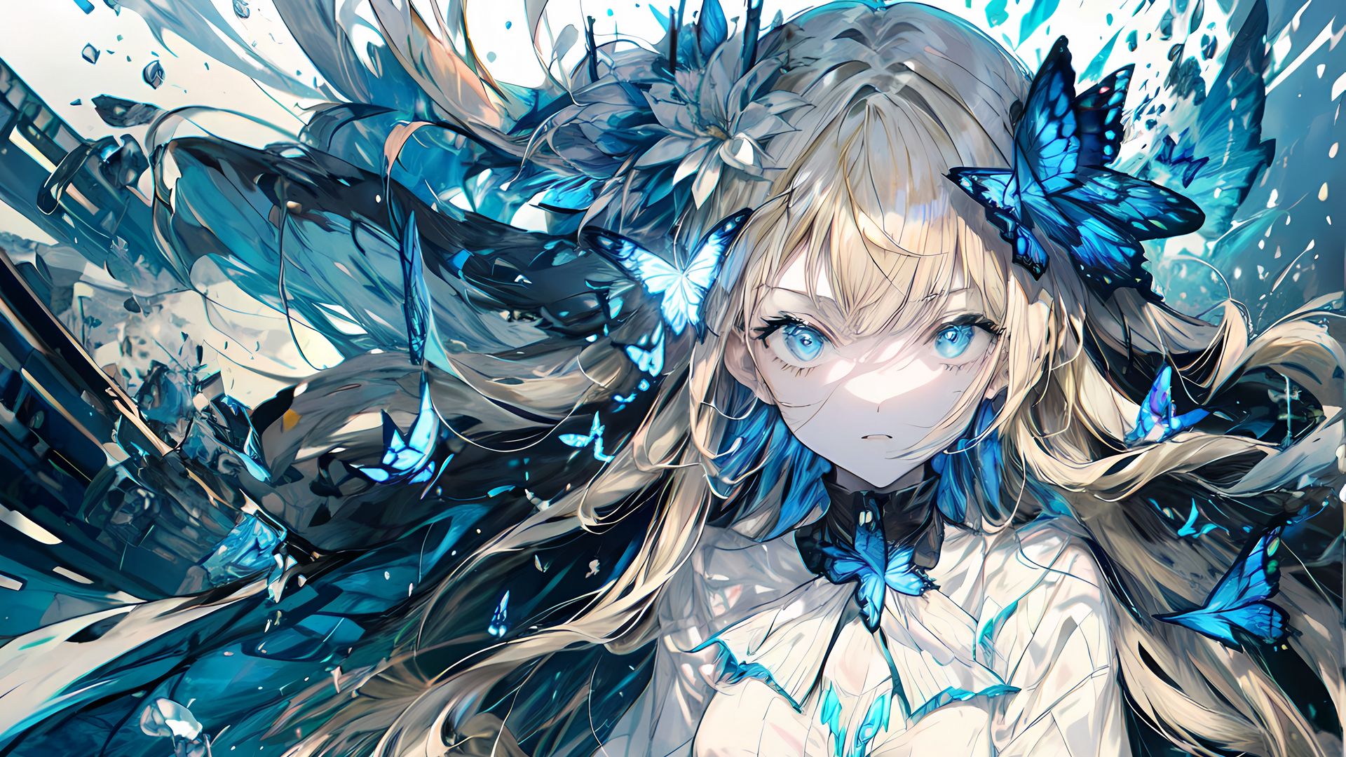 Anime 1920x1080 anime girls butterfly long hair digital art AI art blue eyes blonde looking at viewer insect flower in hair