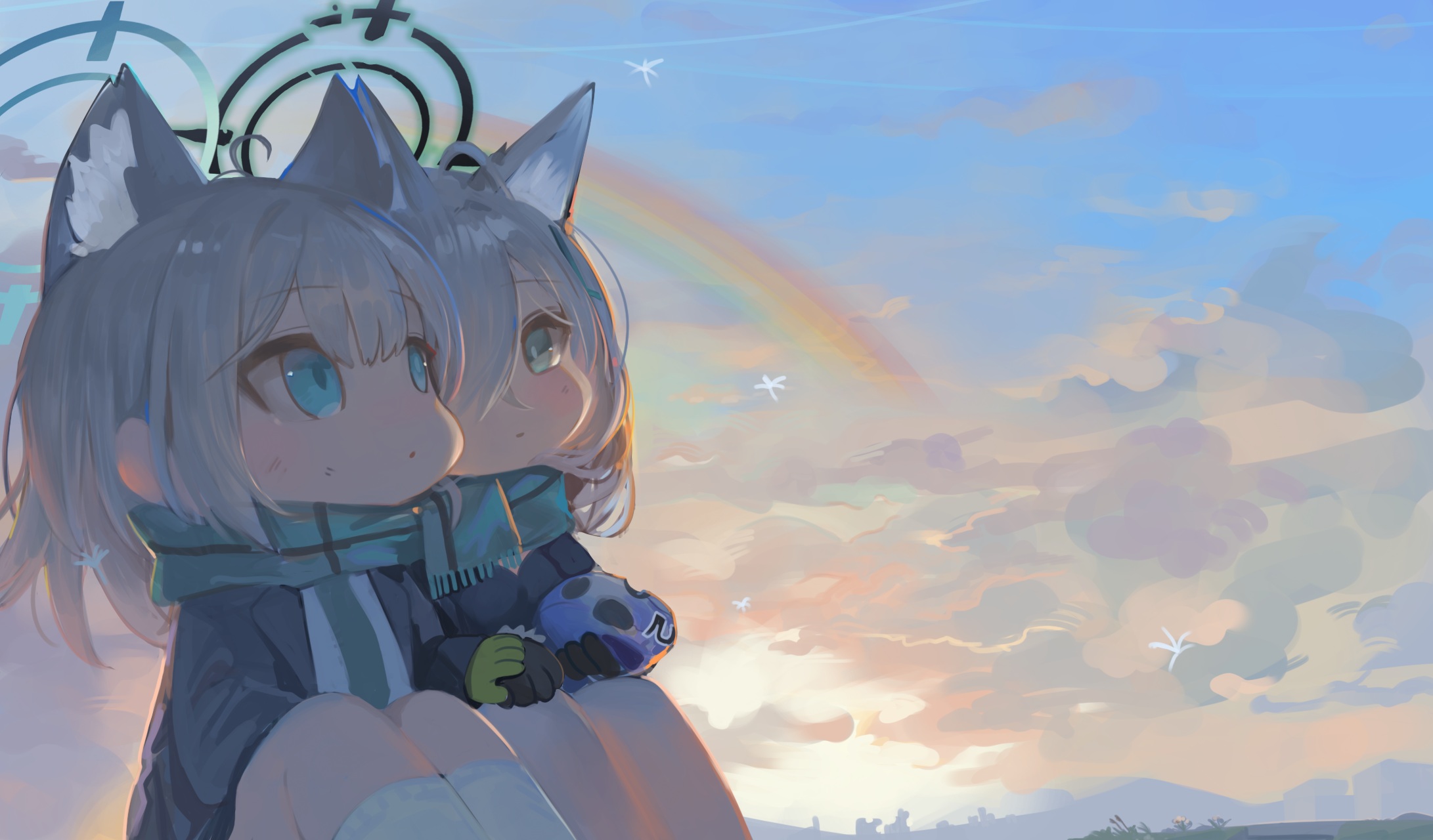 Anime 2182x1280 anime anime girls Shiroko (Blue Archive) Blue Archive scarf looking away looking up sky clouds sitting rainbows short hair fox girl fox ears gloves chibi
