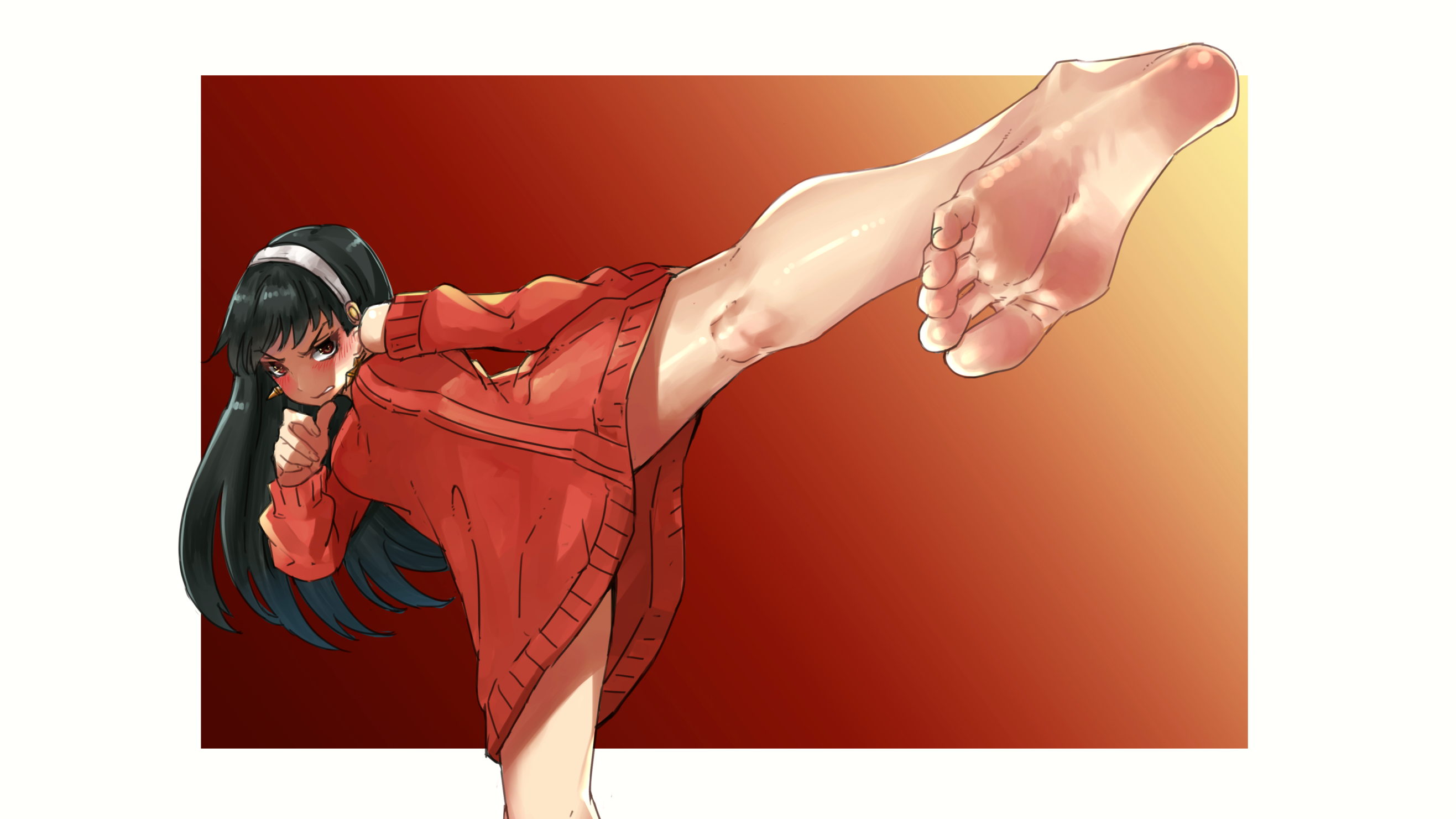 Anime 2633x1481 Eiji Yor Forger Spy x Family arms up legs barefoot black hair dark hair anime girls anime blushing dress red dress wool bare shoulders earring hairband jewelry kick martial arts red eyes red sweater standing on one leg sweater sweater dress bangs blunt bangs knees upskirt stare long hair toes feet wrinkled soles standing
