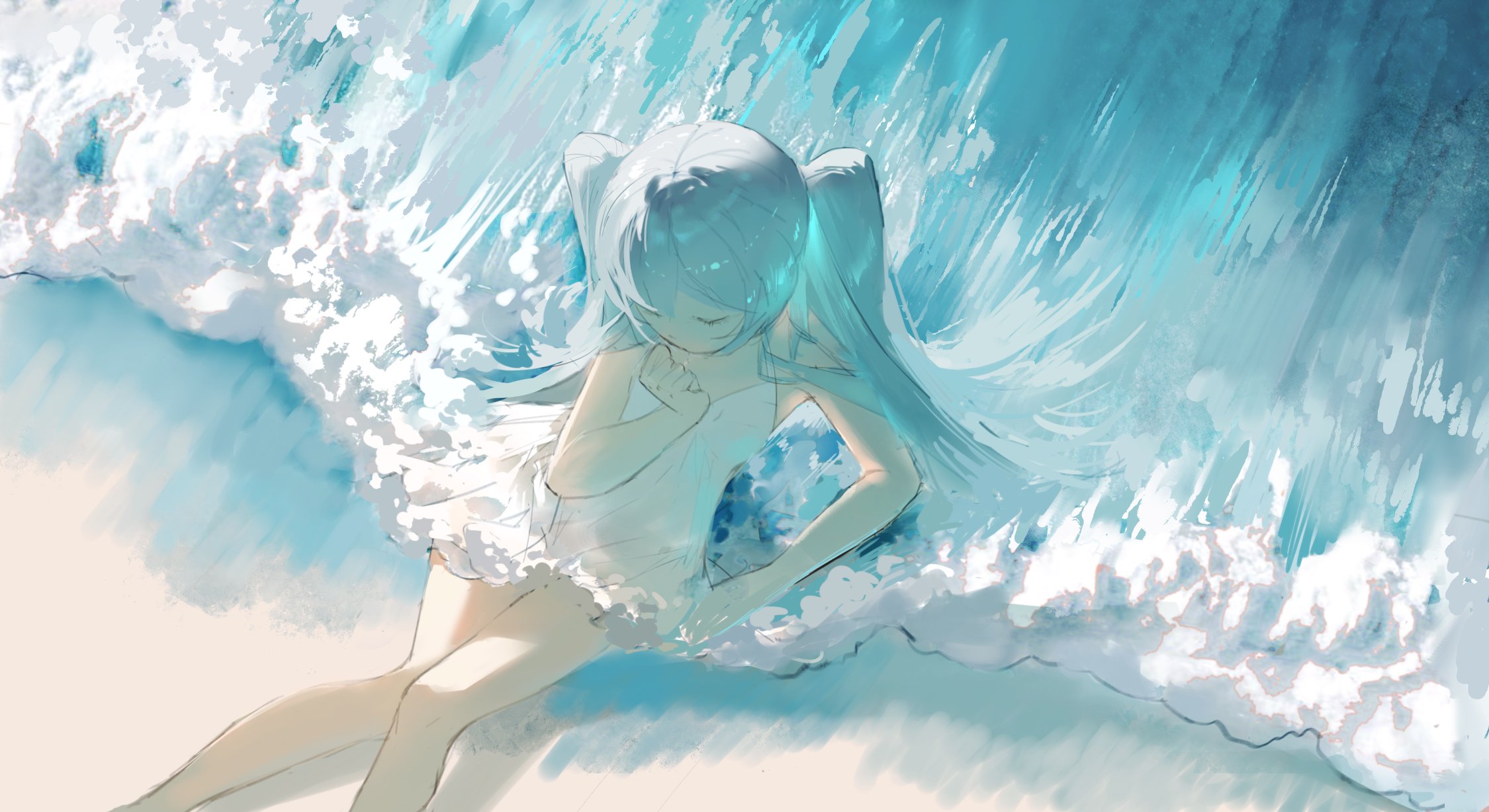Anime 2250x1228 anime anime girls Hatsune Miku Vocaloid twintails closed eyes blue hair waves water sitting dress long hair artwork