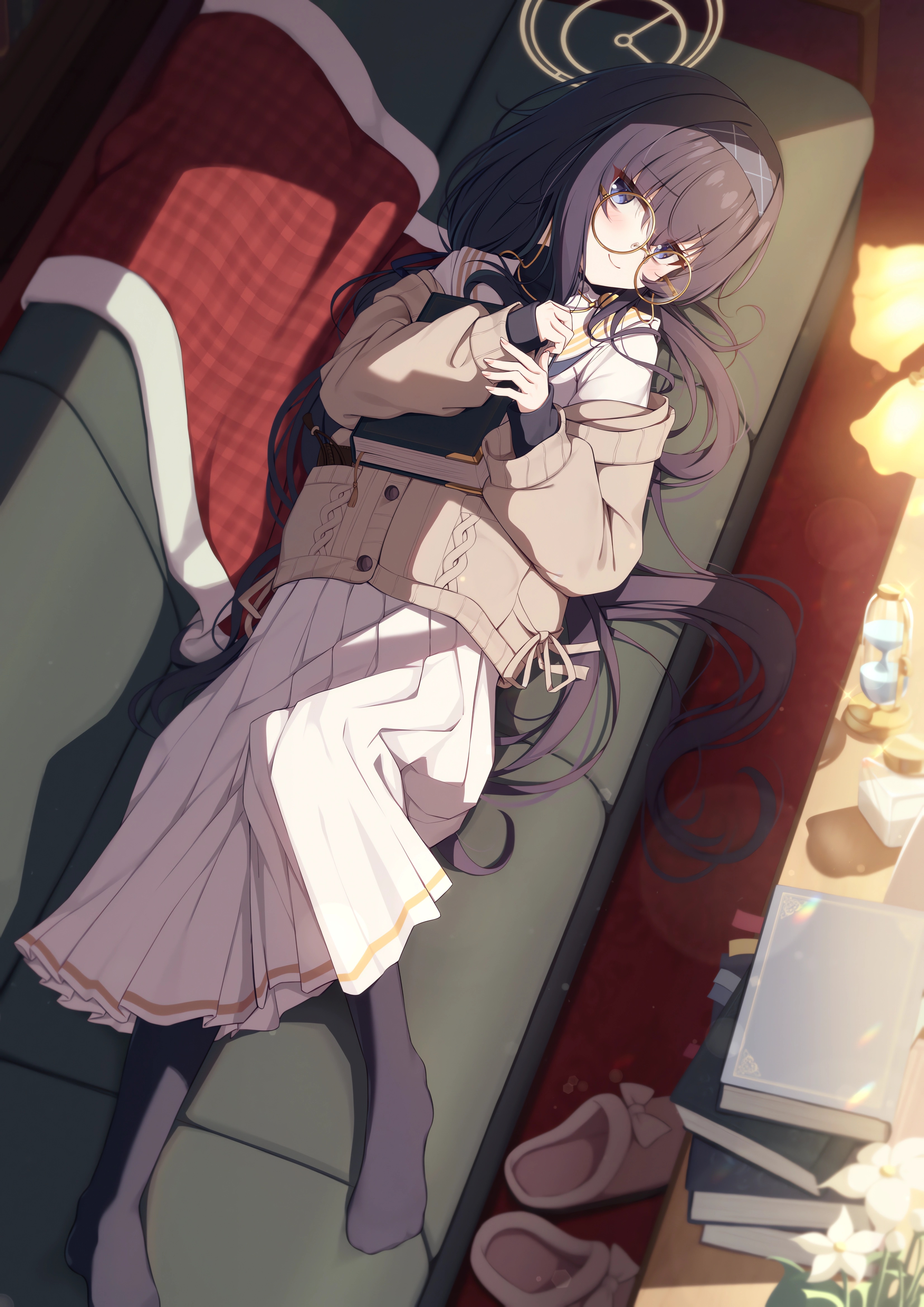Anime 3308x4678 anime anime girls lying down lying on back couch looking at viewer books slippers lights leaves flowers portrait display glasses long hair long skirt sweater