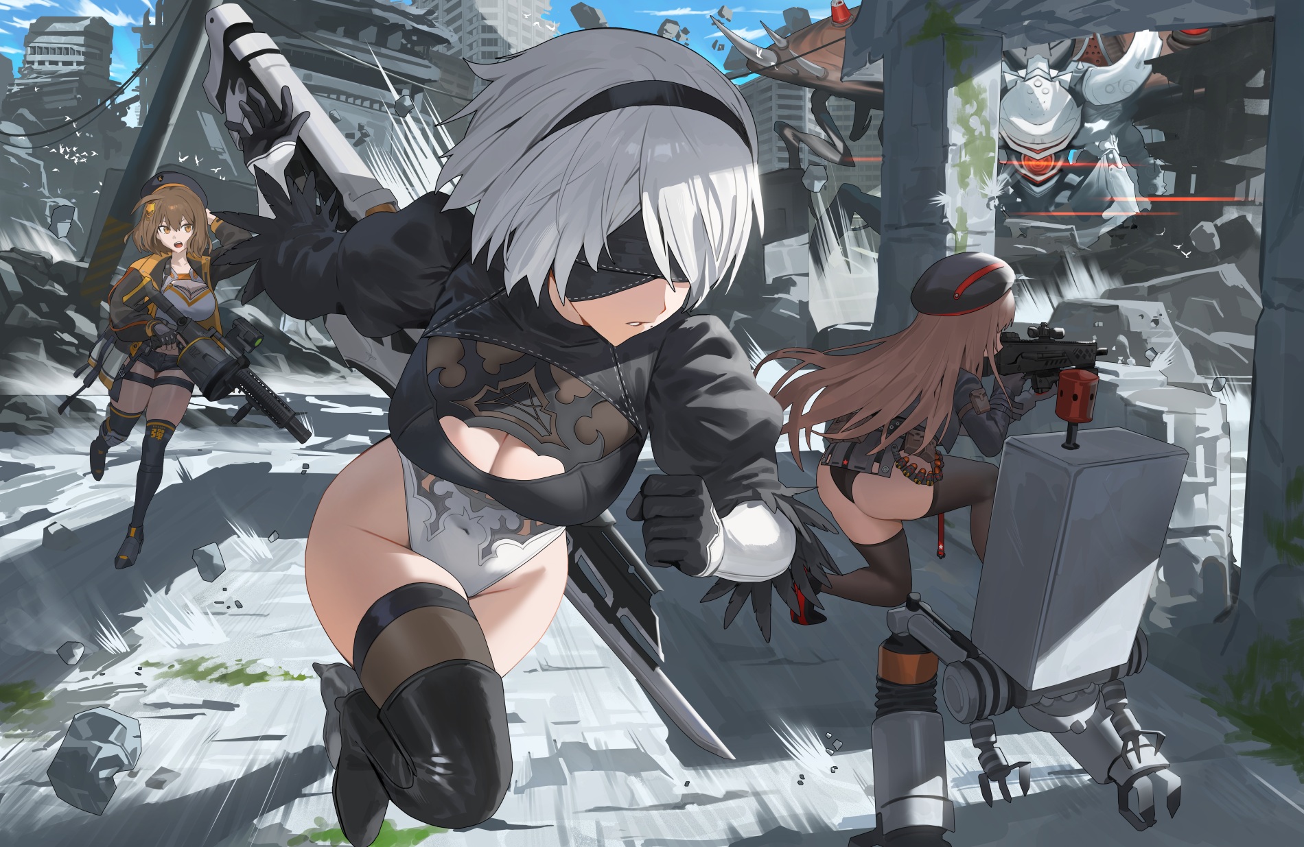 Anime 1900x1235 anime anime girls 2B (Nier: Automata) short hair blindfold gun girls with guns Nikke: The Goddess of Victory crossover running ass stockings thighs moles mole under mouth weapon robot cleavage hat gunfire games