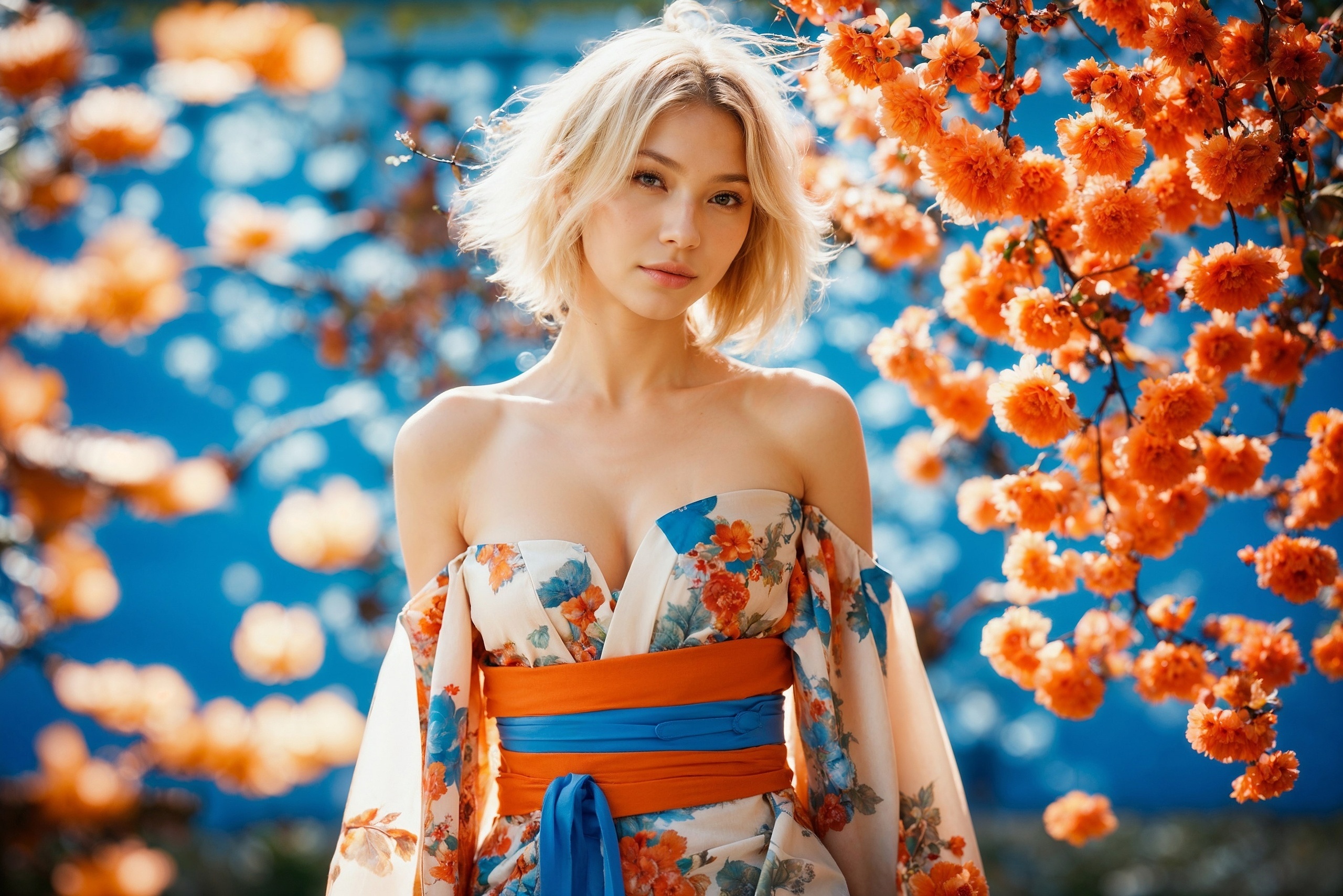 General 2560x1707 model red lipstick blonde short hair cleavage women outdoors AI art cherry blossom blurred blurry background looking at viewer branch Nikita Kovalev layman kimono