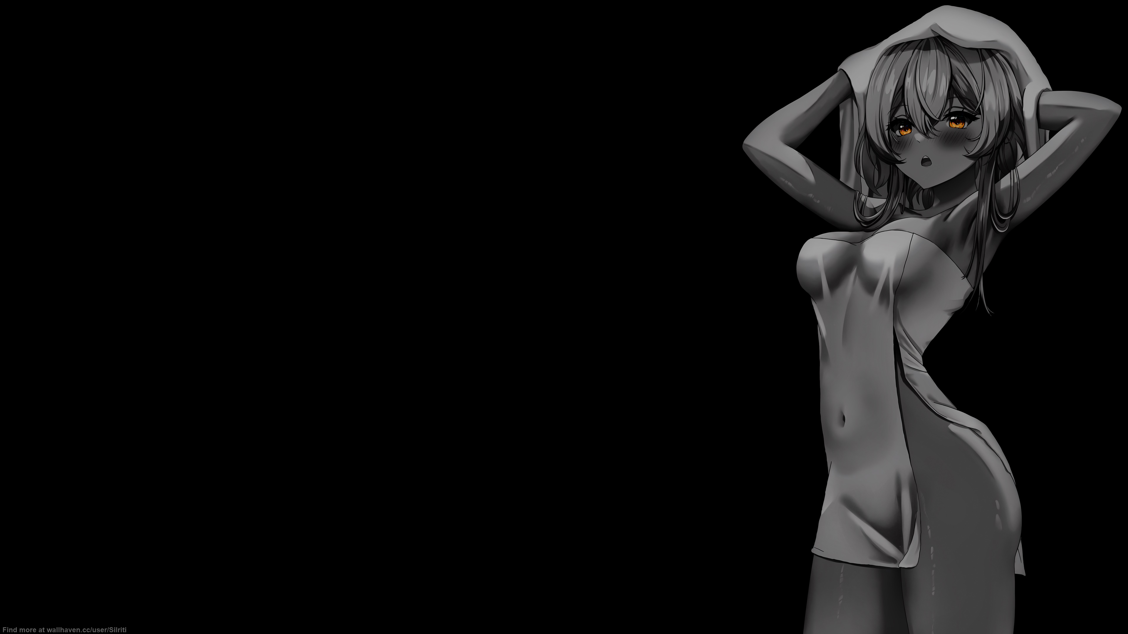 Anime 3840x2160 selective coloring black background anime girls white towel simple background Lumine (Genshin Impact) Genshin Impact towel wet wet body blushing looking at viewer minimalism big boobs armpits long hair thighs watermarked