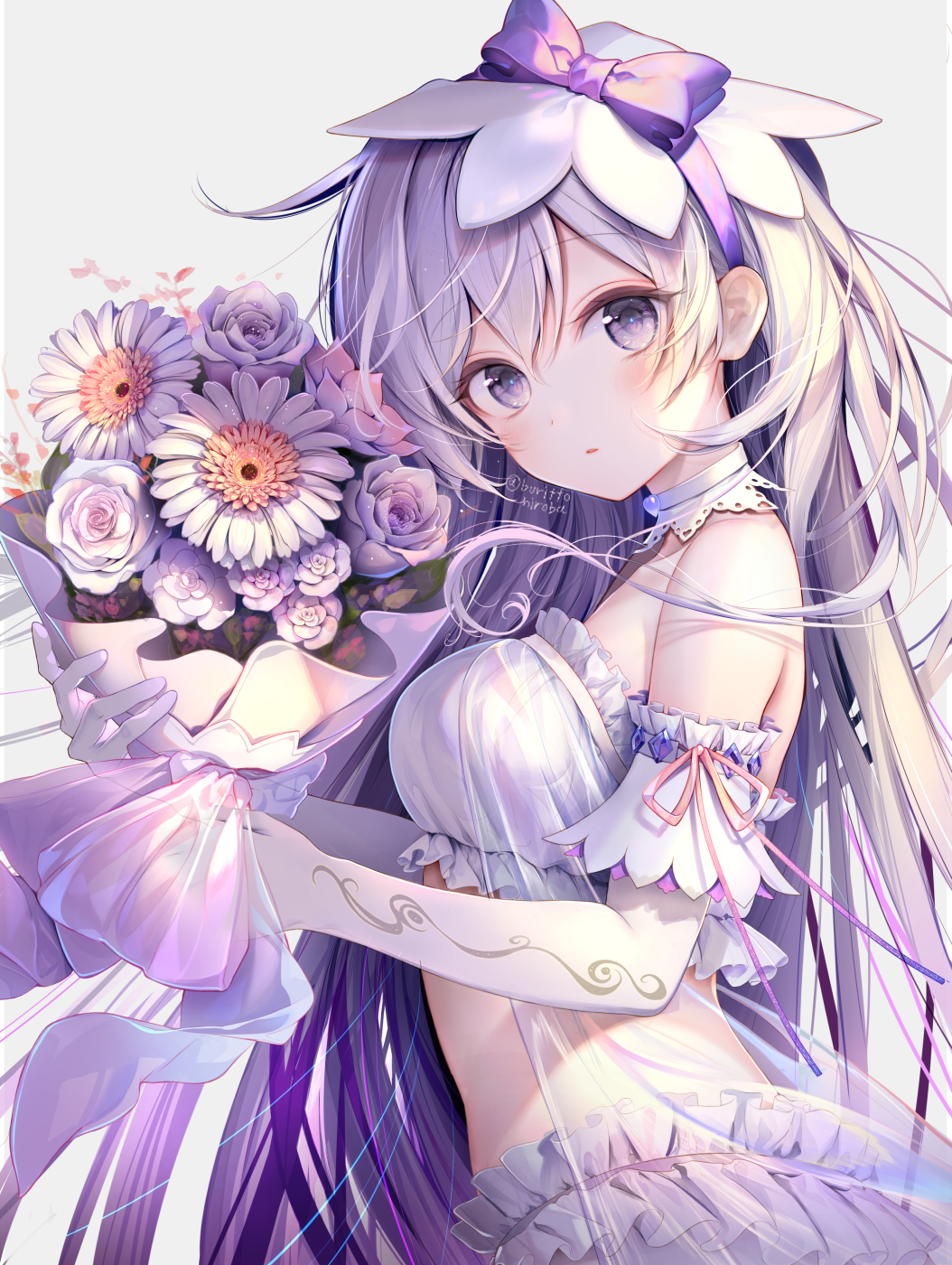 Anime 1054x1400 anime anime girls portrait display long hair flowers looking at viewer blushing watermarked elbow gloves blue hair