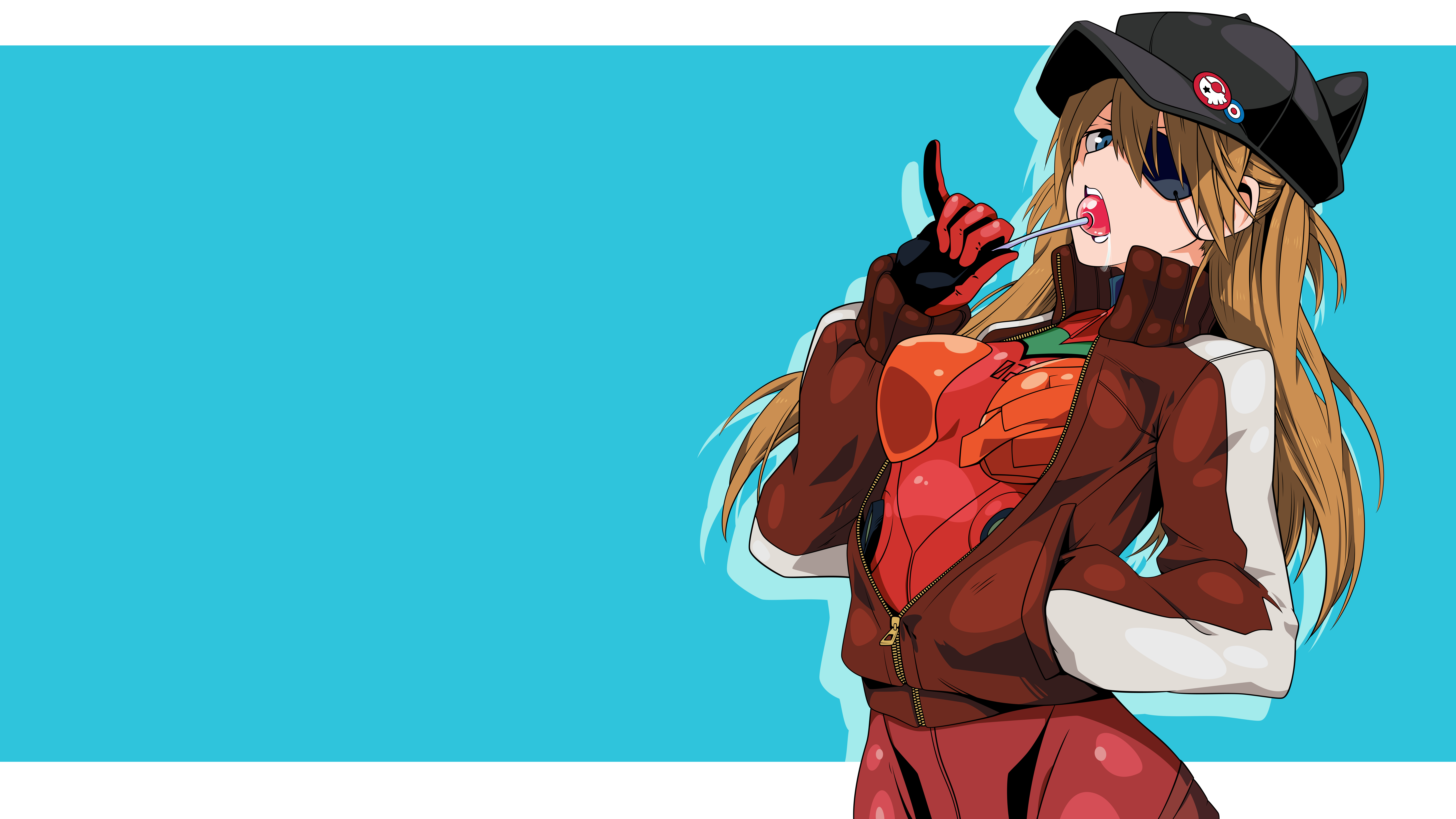 Anime 8889x5000 Neon Genesis Evangelion Asuka Langley Soryu plugsuit lollipop Rebuild of Evangelion Evangelion: 1.0 You Are (Not) Alone Evangelion: 2.0 You Can (Not) Advance Evangelion: 3.0 You Can (Not) Redo Evangelion: 3.0 + 1.0 Thrice Upon a Time red bodysuit bodysuit jacket red jackets gloves red gloves redhead bangs long hair cat ears pins simple background blue eyes open mouth looking at viewer hat eyepatches open jacket