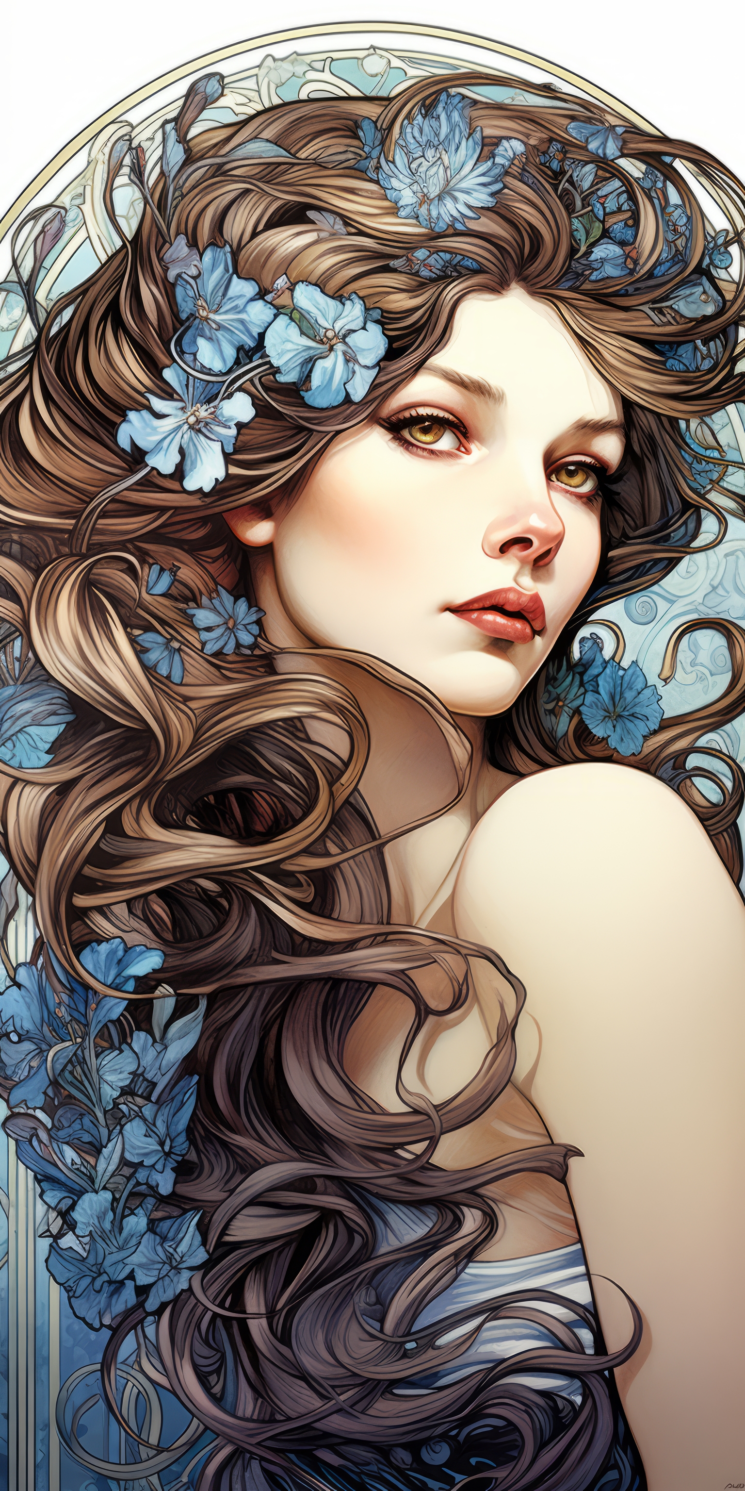 General 1536x3072 AI art women Alphonse Mucha portrait display blue Art Nouveau digital art long hair flower in hair looking at viewer brunette brown eyes