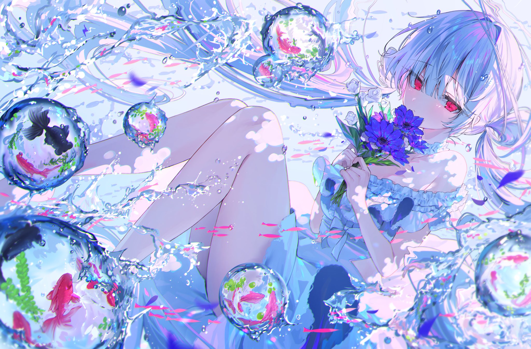 Anime 2048x1349 anime girls underwater red eyes looking at viewer blue hair expressionless purple flowers bubbles bare shoulders choker white dress closed mouth water drops long hair water fish dress koi koi fish frills twintails flowers Harui silver hair