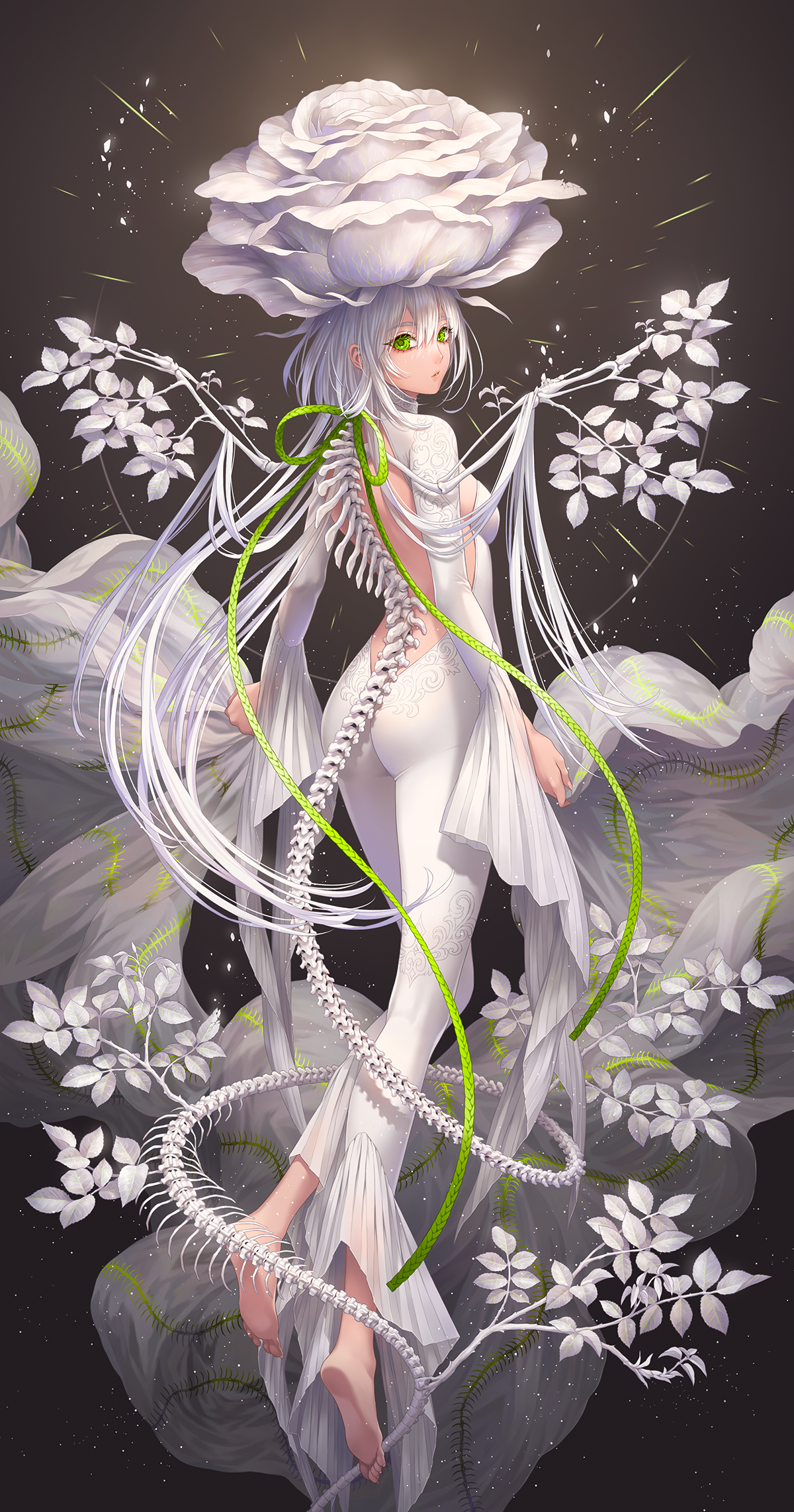 Anime 1200x2283 anime girls portrait display looking back Minami bodysuit foot sole barefoot green eyes long hair backless ass simple background rose wings spine white clothing long sleeves white hair big boobs sideboob tight clothing leaves branch stars flowers white flowers