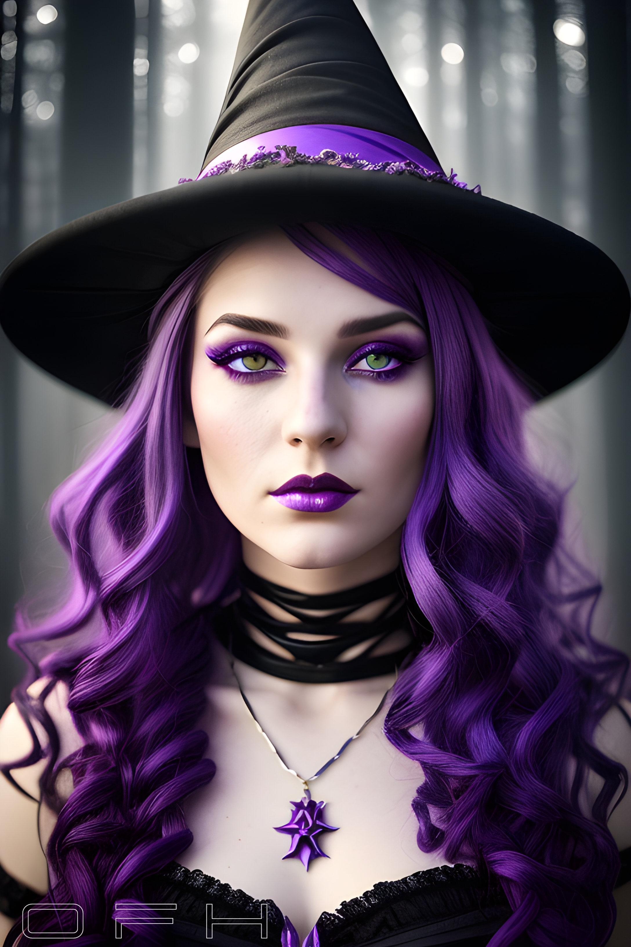 General 2176x3264 AI art looking at viewer witch costume digital art OneFinalHug necklace purple hair heterochromia portrait display long hair wavy hair witch hat