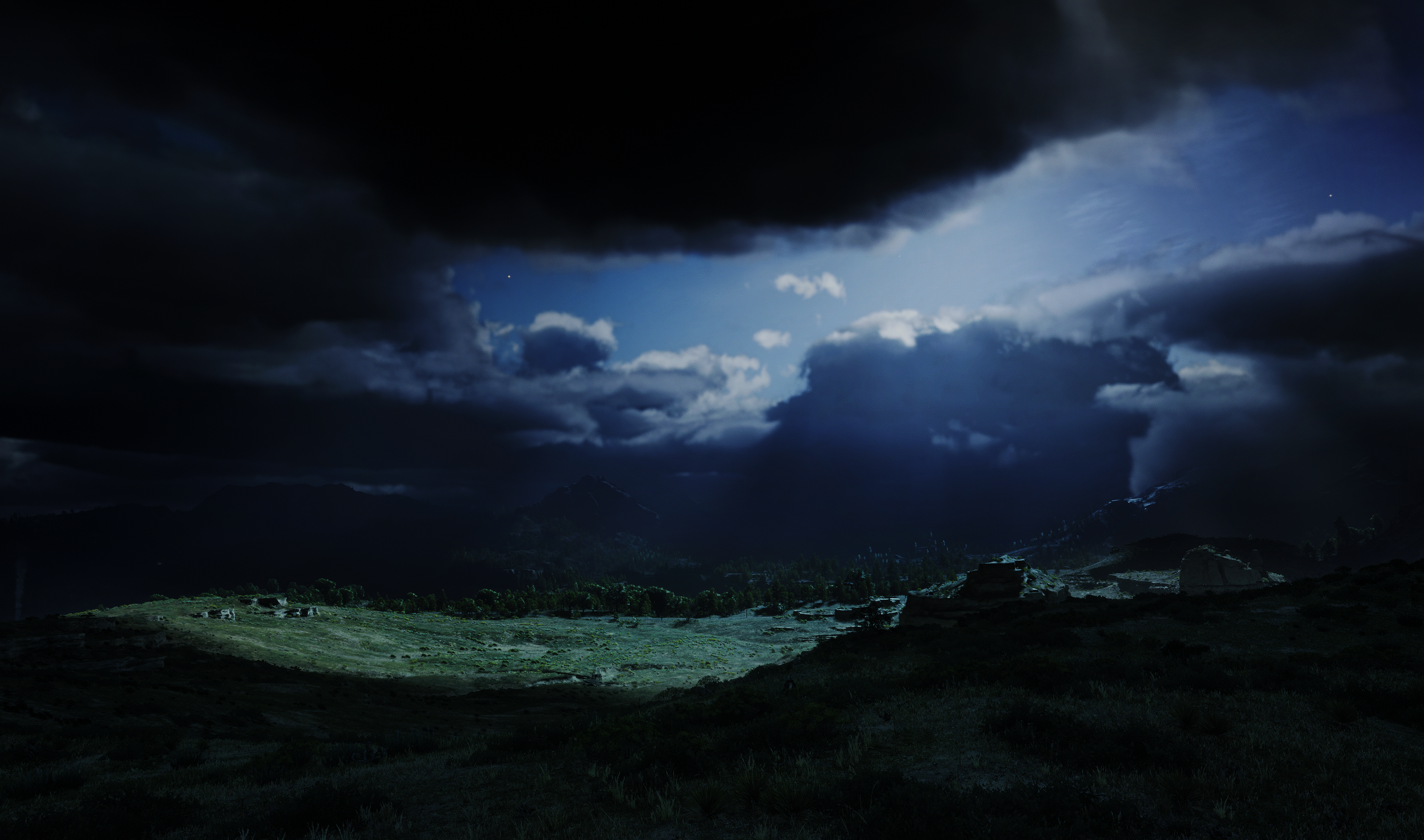General 2358x1392 Red Dead Redemption 2 valley dark background forest night moonlight grass night sky clouds nature video games sky video game art